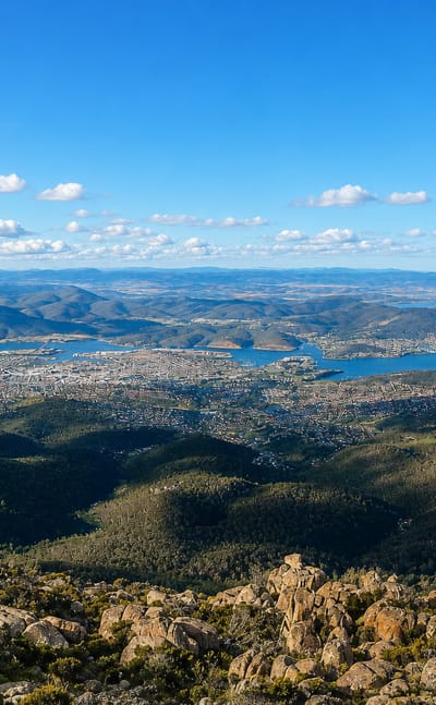 Hobart and the Derwent River, Tasmania, seen from the rocky summit of kunanyi / Mount Wellington.