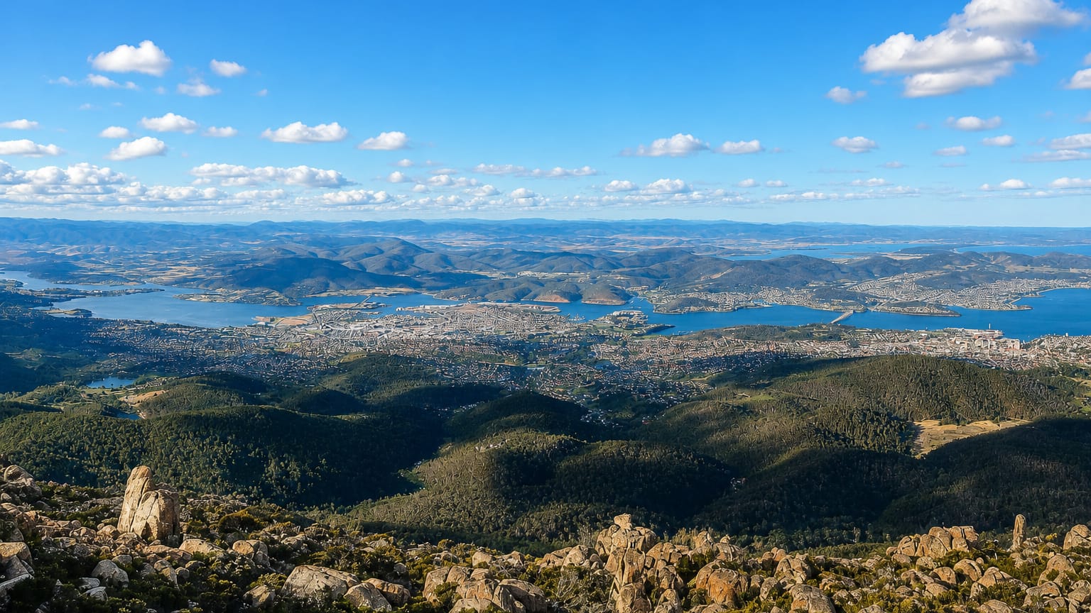 Hobart and the Derwent River, Tasmania, seen from the rocky summit of kunanyi / Mount Wellington.