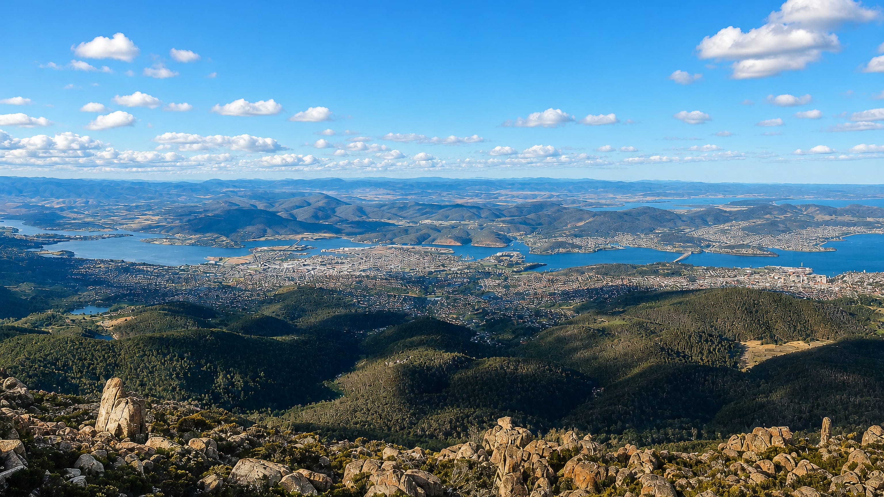 Hobart and the Derwent River, Tasmania, seen from the rocky summit of kunanyi / Mount Wellington.
