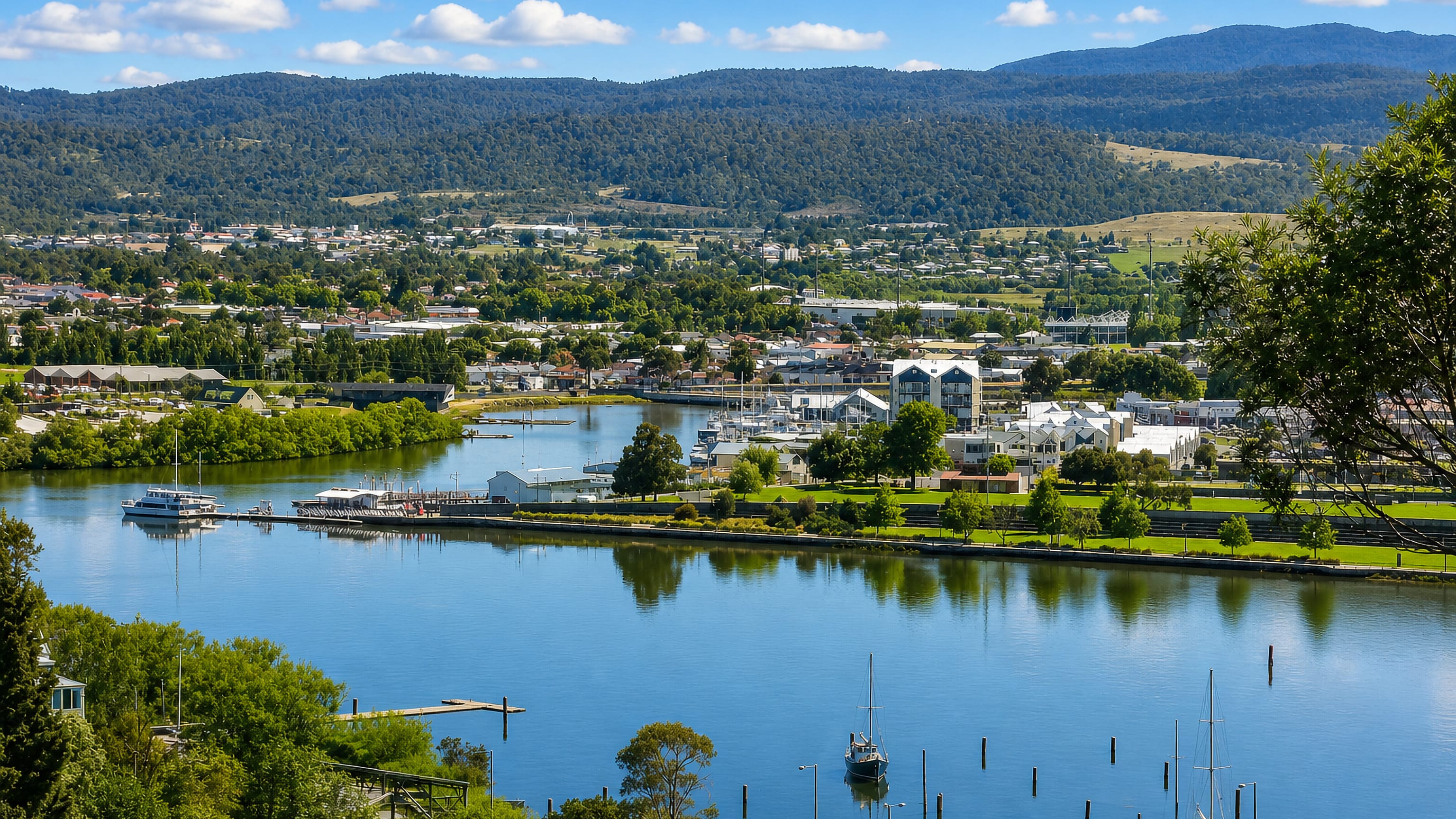 Launceston, Tasmania, seen across the Tamar River with the seaport marina, riverside town and forested hills.