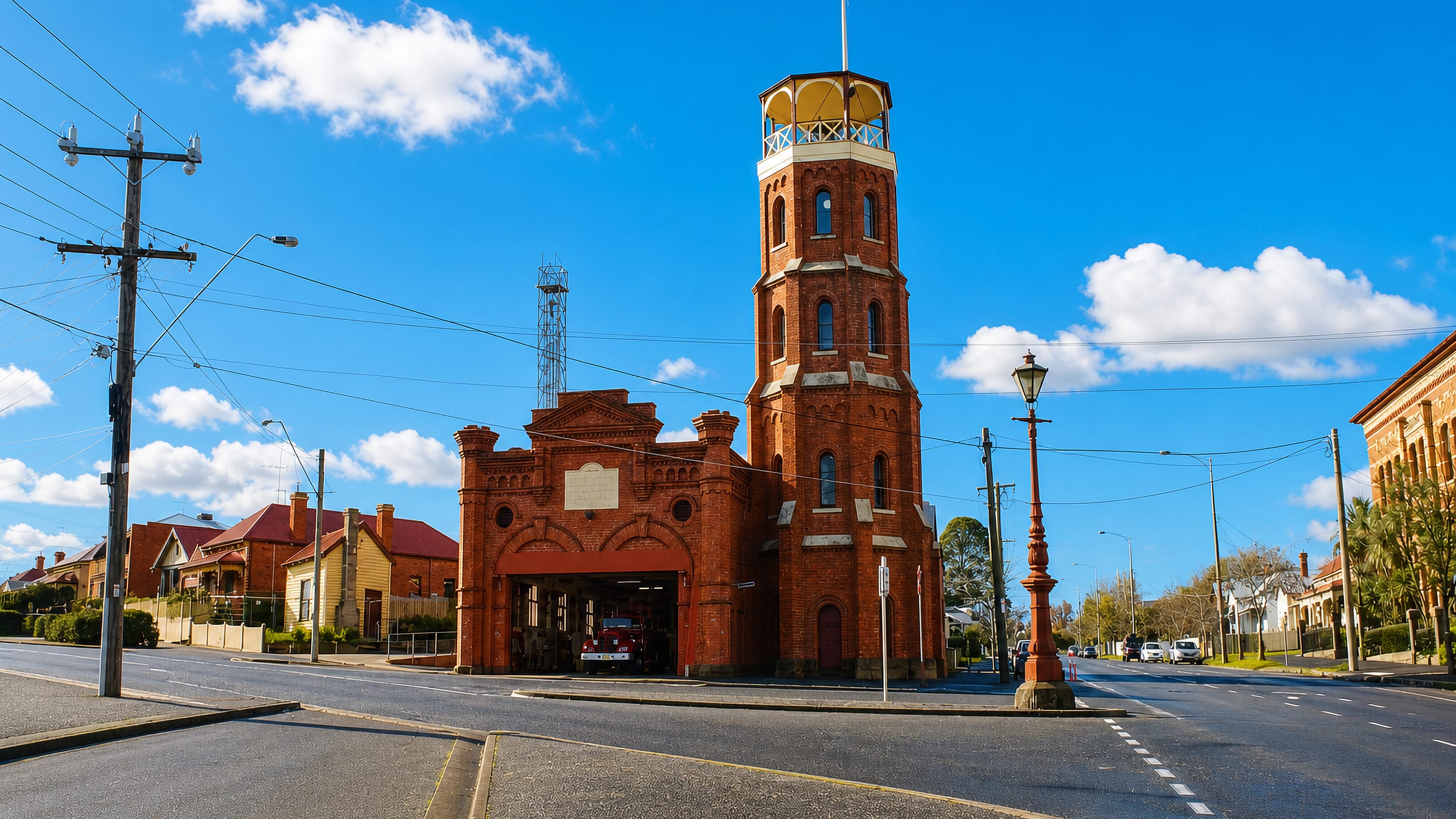 Historic red-brick fire station and lookout tower on a wide street corner in Ballarat East.