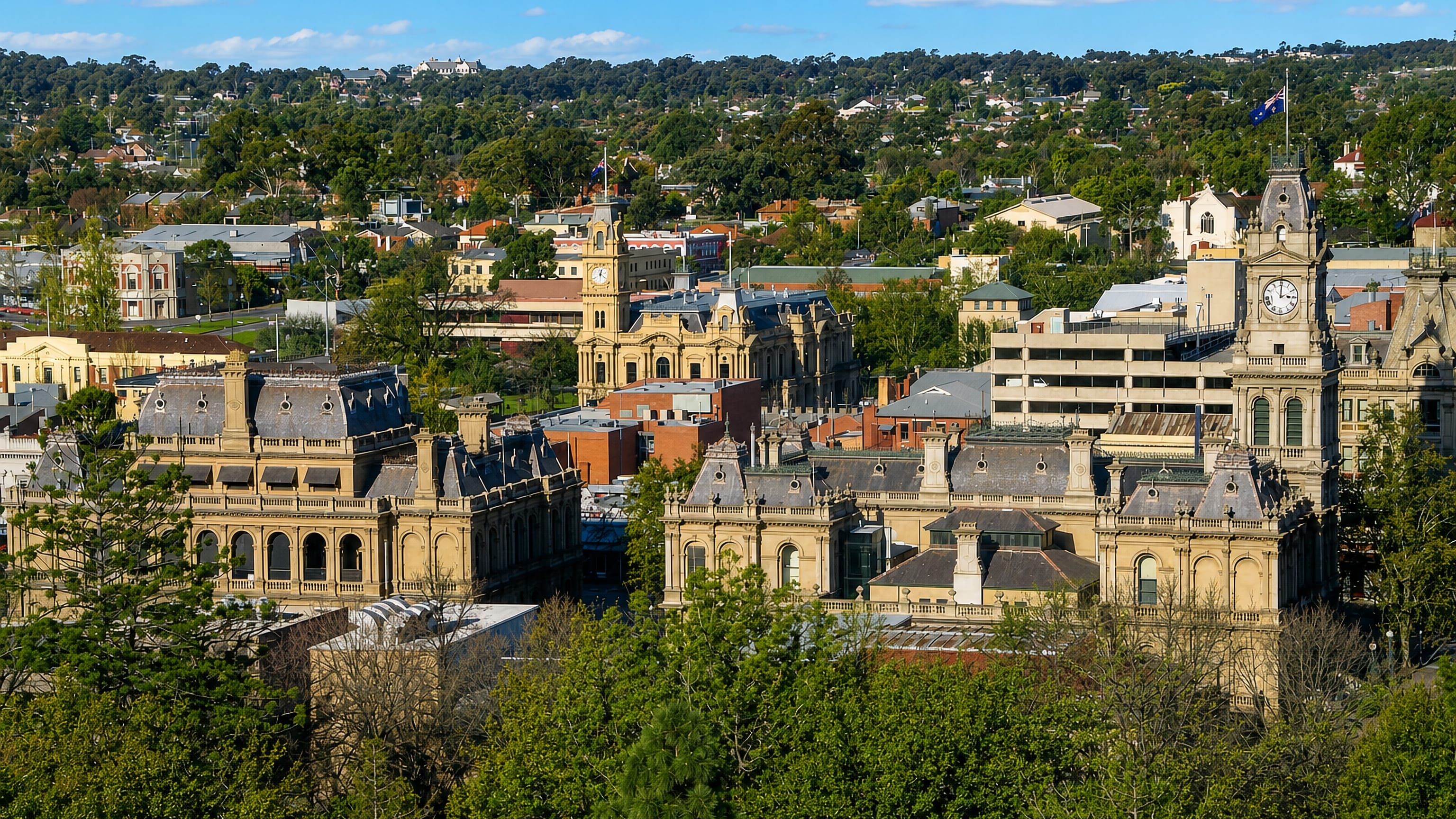 Ornate gold-rush era civic buildings and clock tower along Pall Mall in central Bendigo, Victoria.