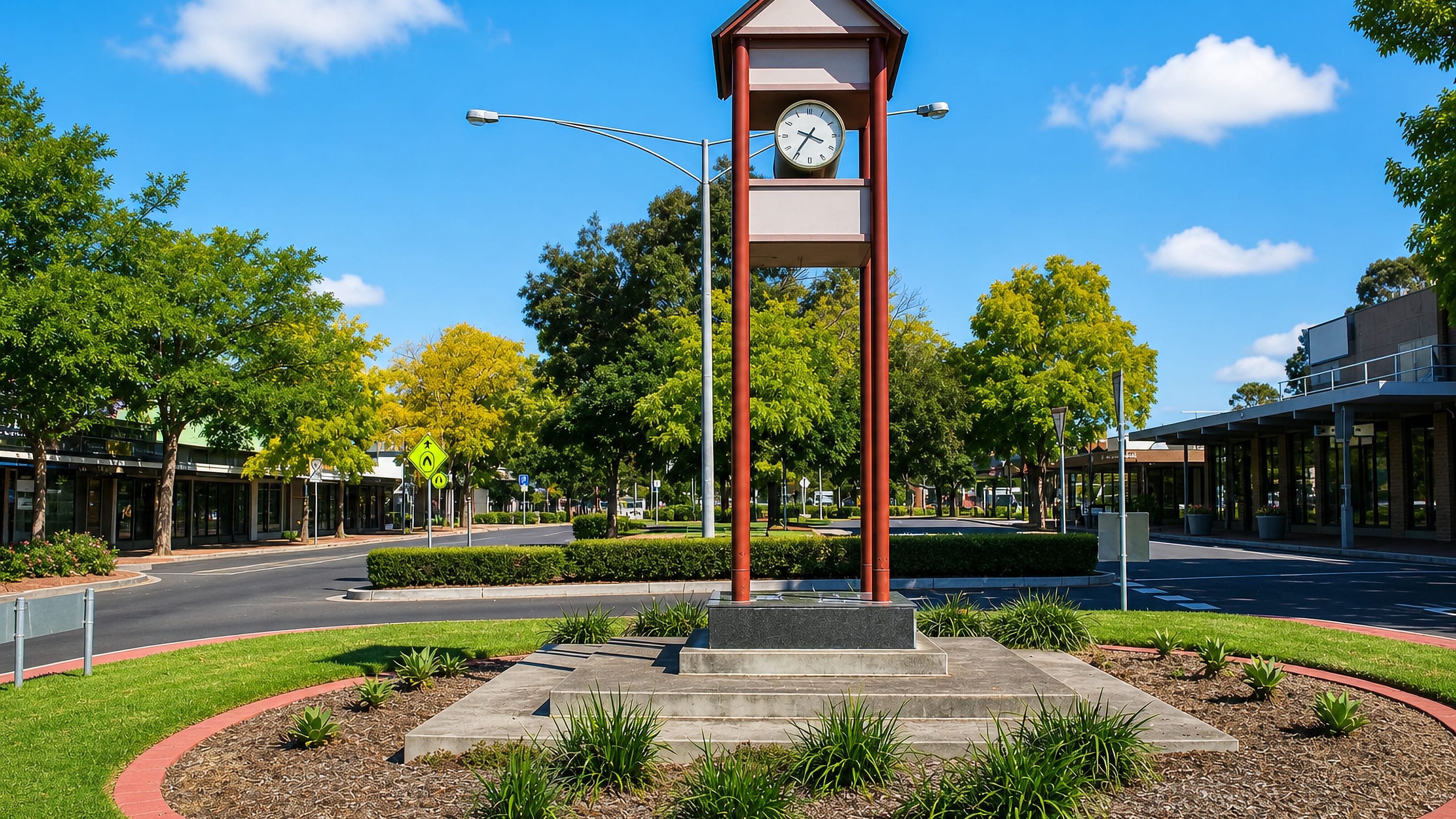 Clock tower on a landscaped median beside the shopfronts of the Highton village centre, Geelong.