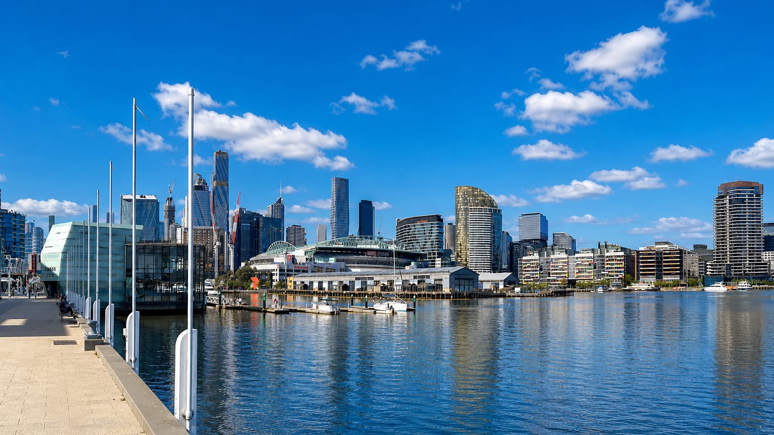 Melbourne Docklands waterfront promenade with the city skyline and stadium across the harbour.