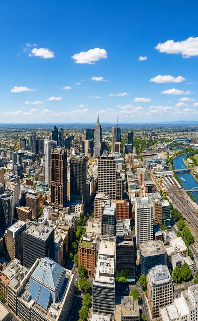 Aerial view of Melbourne's CBD skyline and the Yarra River, with Eureka Tower and rail yards, near North Melbourne.