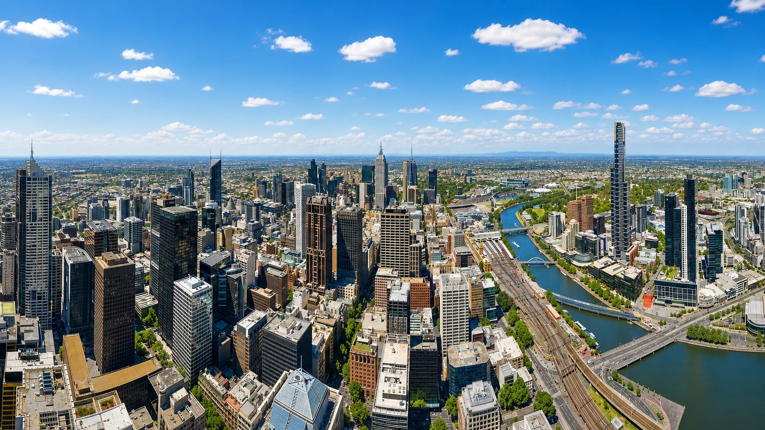 Aerial view of Melbourne's CBD skyline and the Yarra River, with Eureka Tower and rail yards, near North Melbourne.