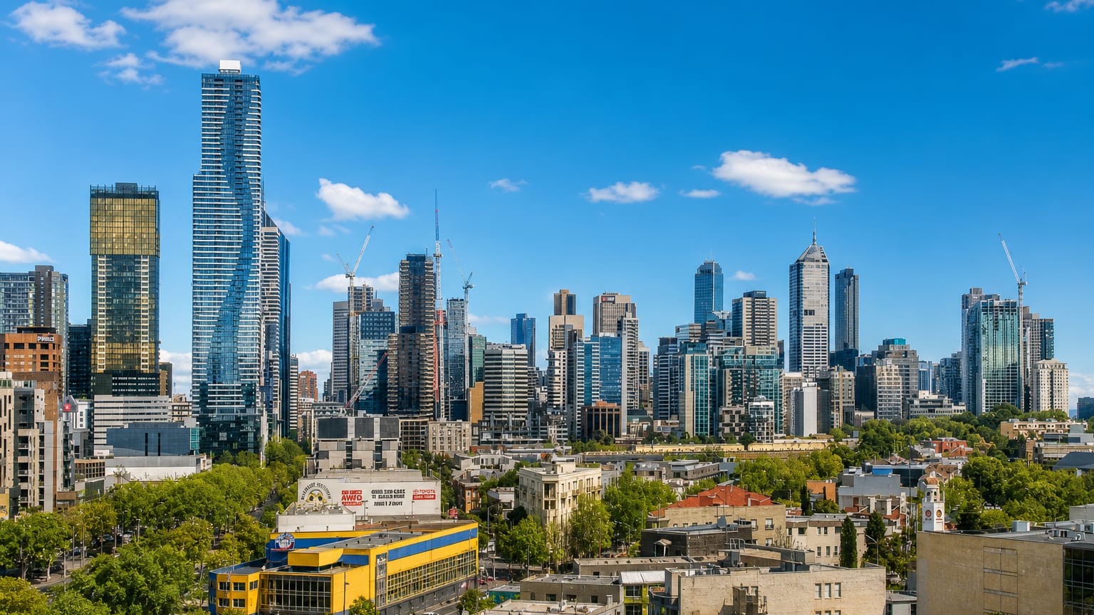 The Melbourne CBD skyline including Eureka Tower rising beyond leafy inner-suburb rooftops in Parkville