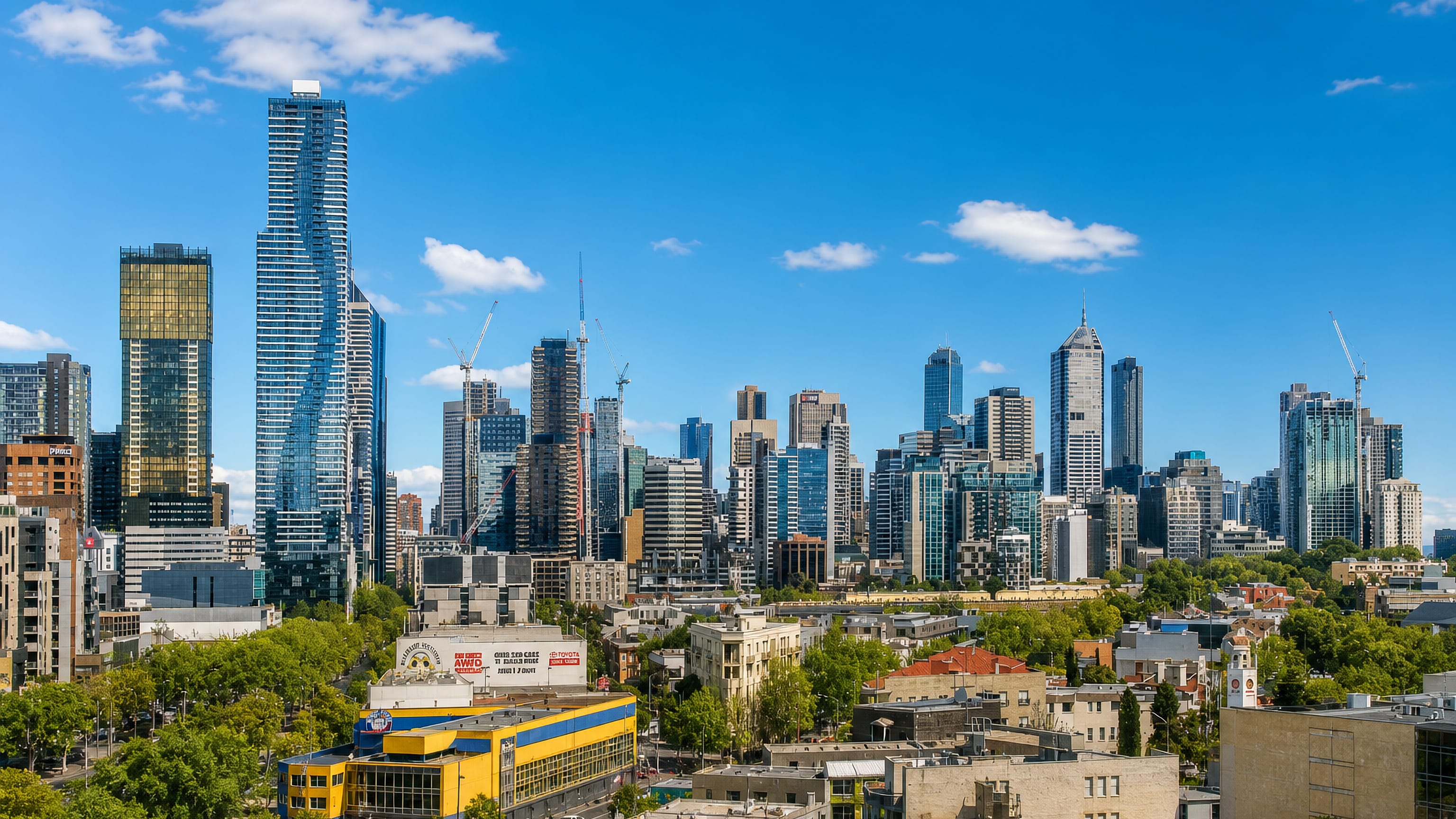 The Melbourne CBD skyline including Eureka Tower rising beyond leafy inner-suburb rooftops in Parkville