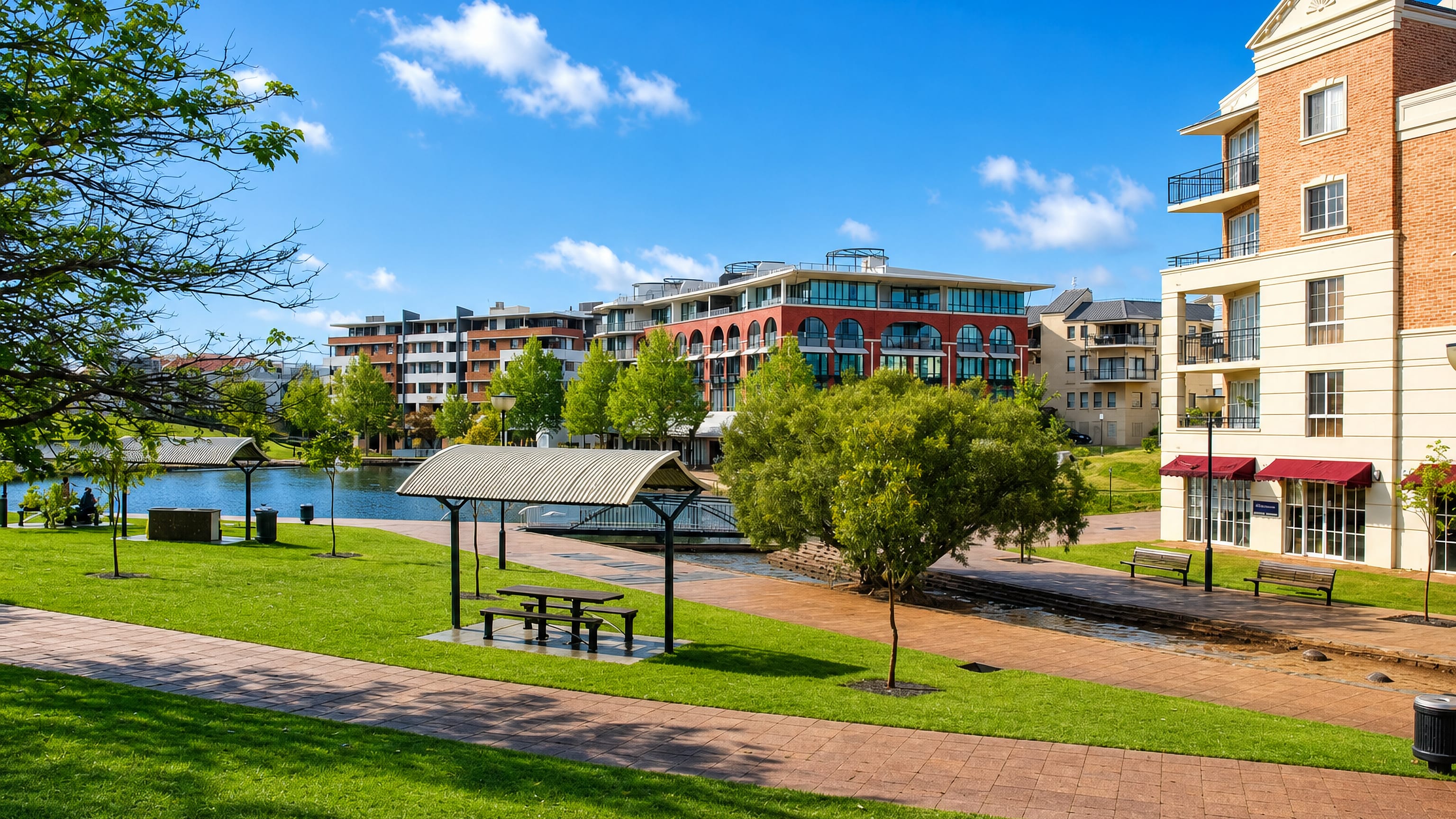 Claisebrook Cove in East Perth, with waterfront apartments, lawns and a shaded picnic area.