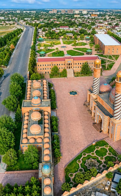 Ganja, Azerbaijan, aerial of the Imamzadeh mausoleum complex with striped minarets, brick domes and gardens.