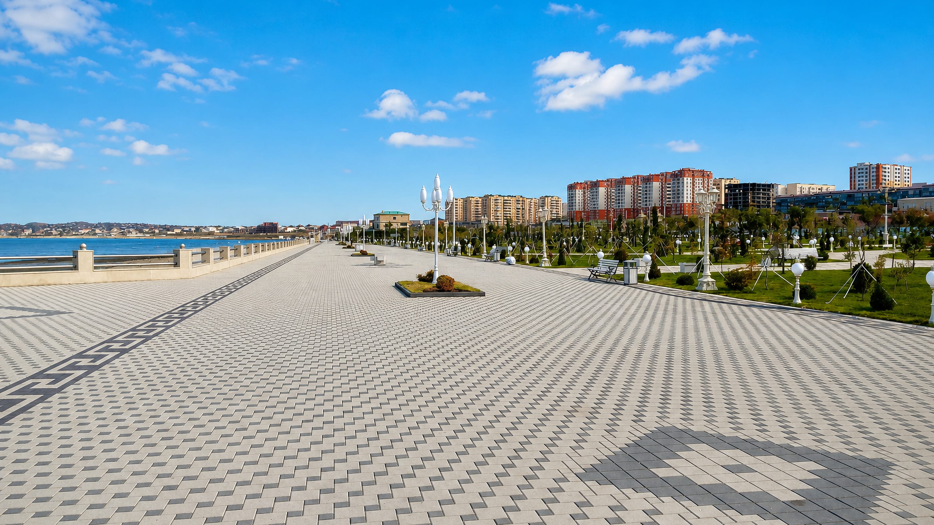 Sumgayit's paved Caspian seaside boulevard leading toward the city's apartment towers.