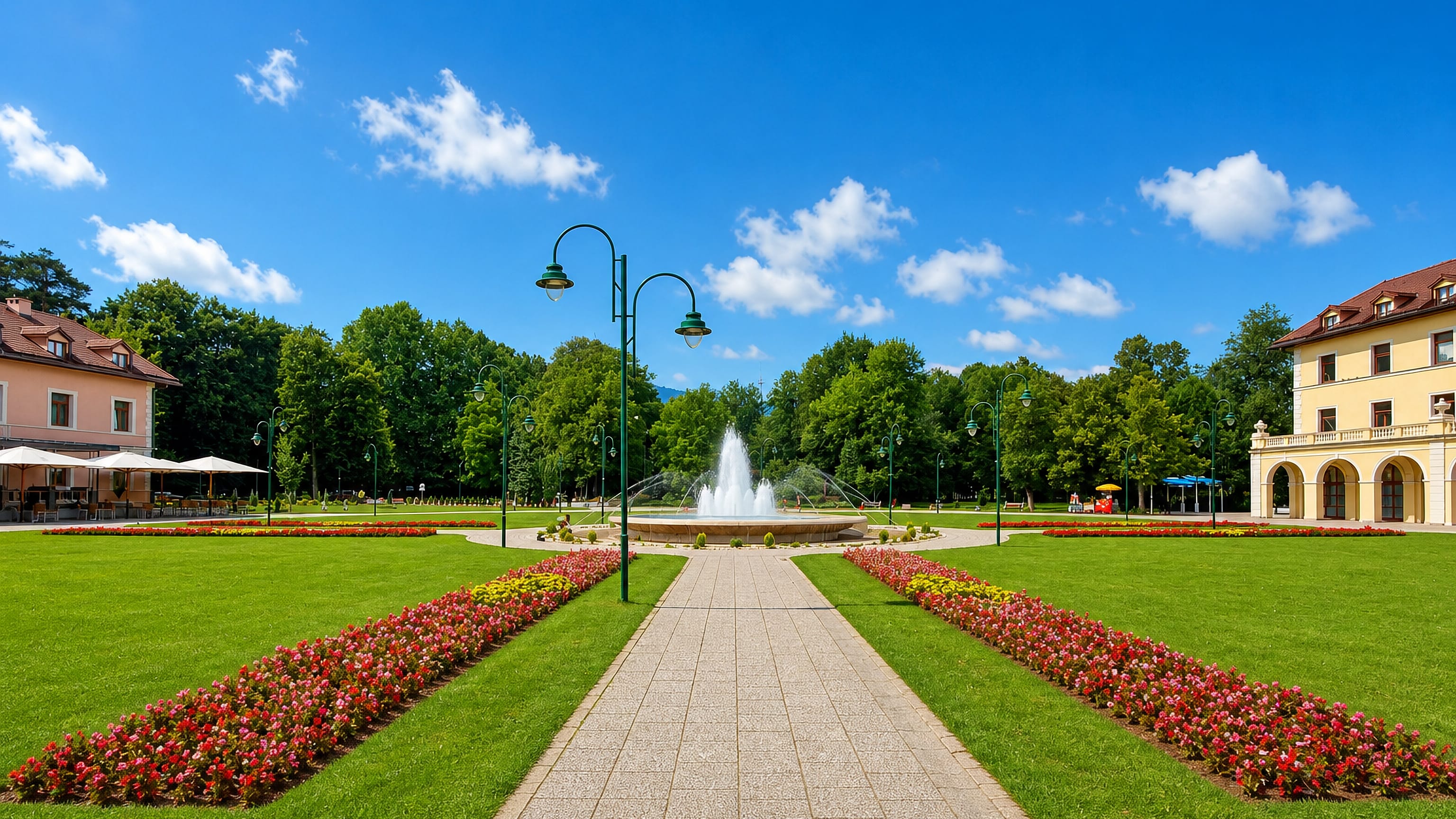 Fountain, flowerbeds and the arcaded yellow spa hotel in the park at Ilidza near Sarajevo