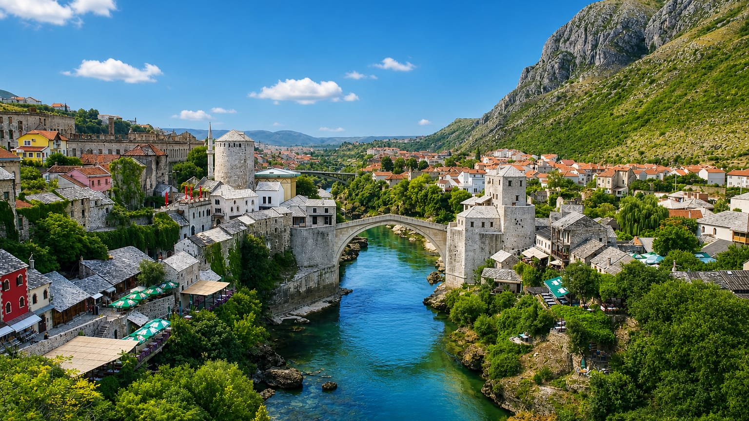 Mostar's arched Stari Most bridge spanning the turquoise Neretva River amid the old town's stone houses.