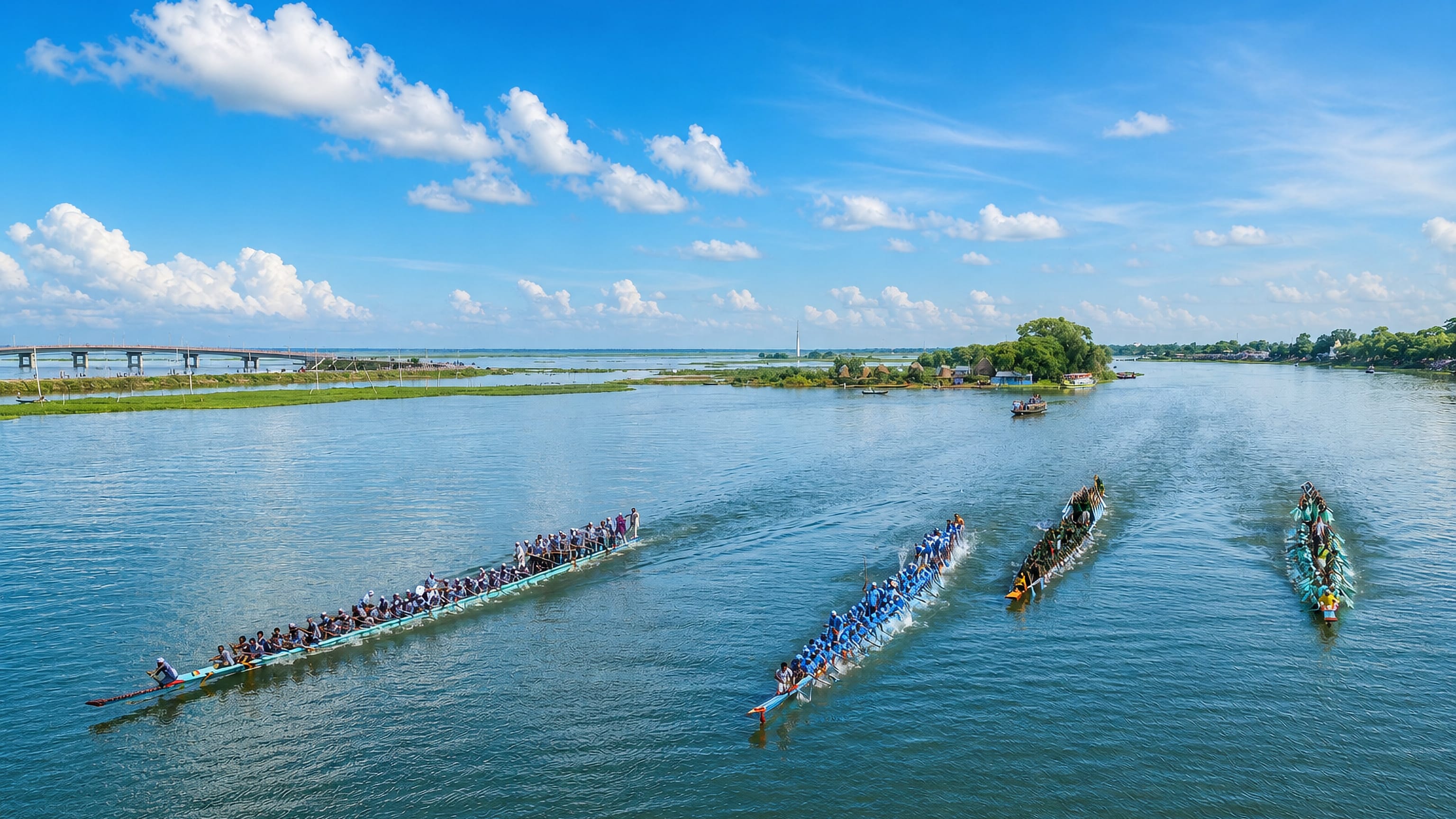 Long racing boats crewed by rowers on the river at Brahmanbaria, Bangladesh, with a road bridge beyond.