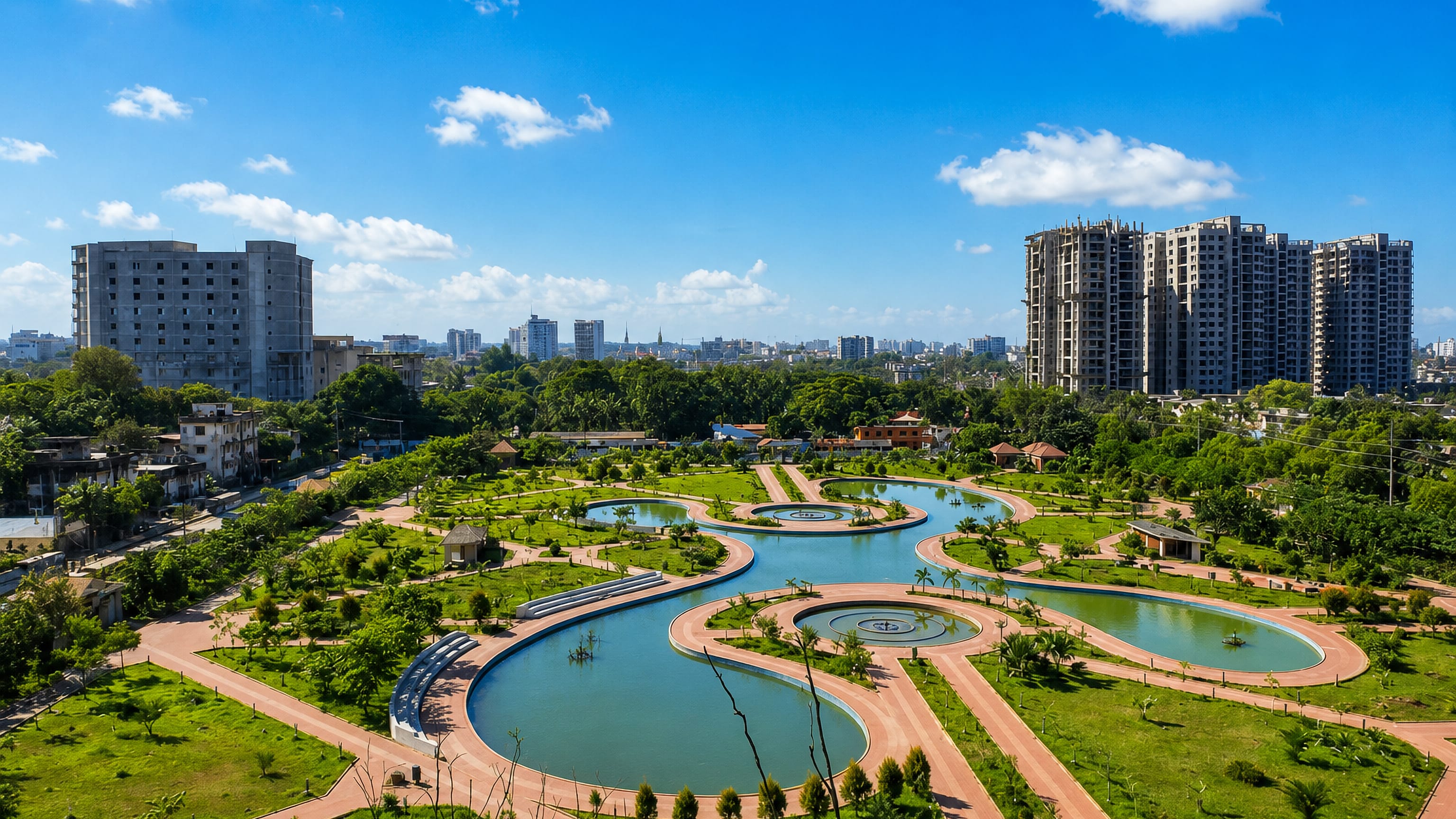 Landscaped lakeside park ringed by apartment towers in the Agrabad district of Chattogram, Bangladesh.