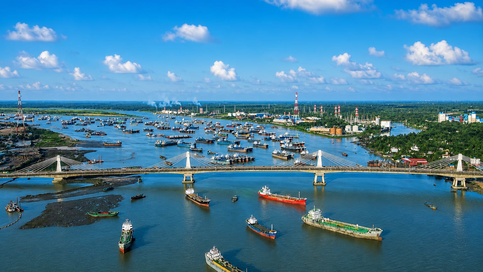 Aerial view of Chattogram's Karnaphuli River port, crowded with cargo ships beside a cable-stayed bridge, Bangladesh.