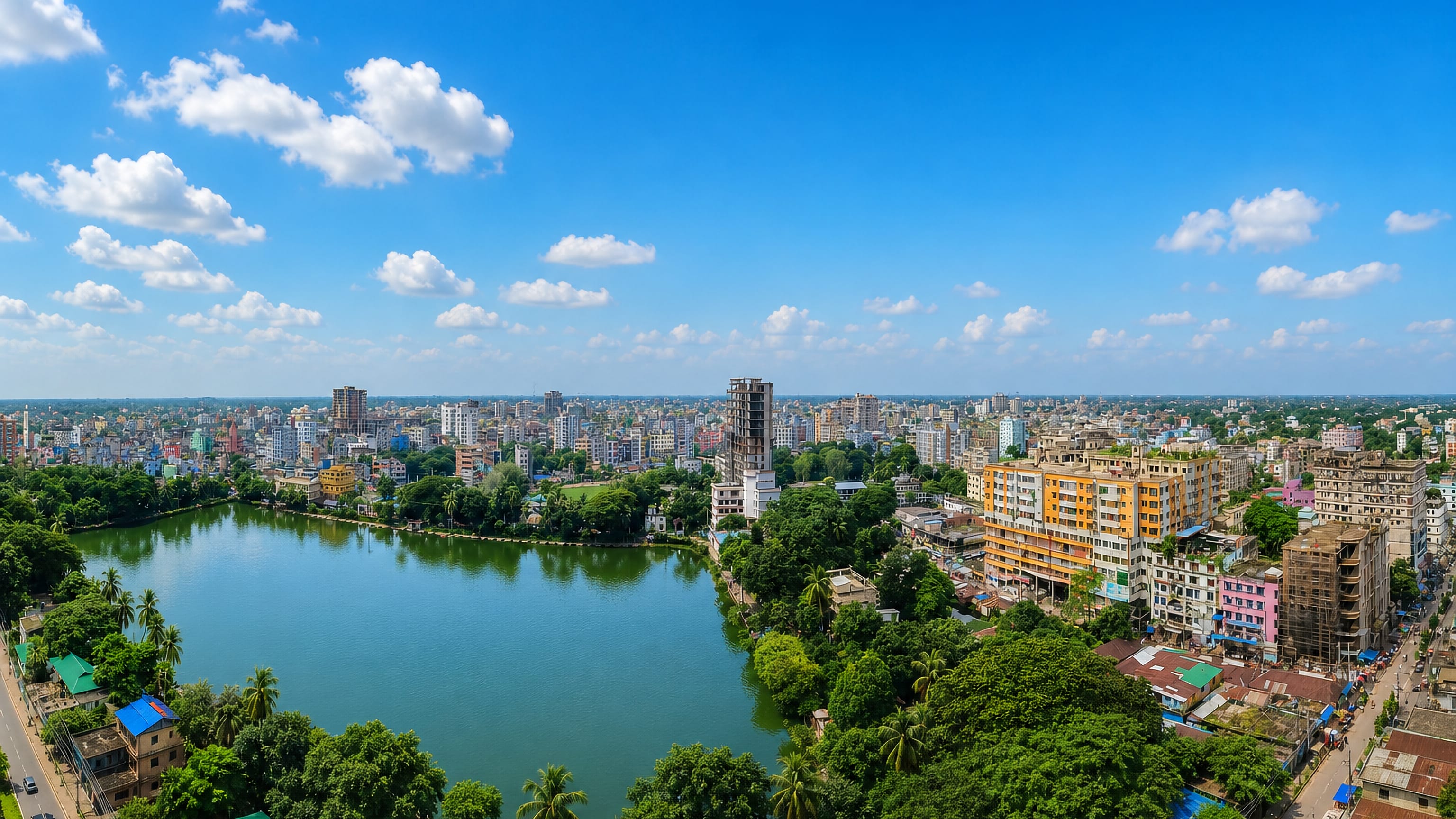 Aerial view of Feni in Bangladesh, a large rectangular pond ringed by palms and dense low-rise buildings.