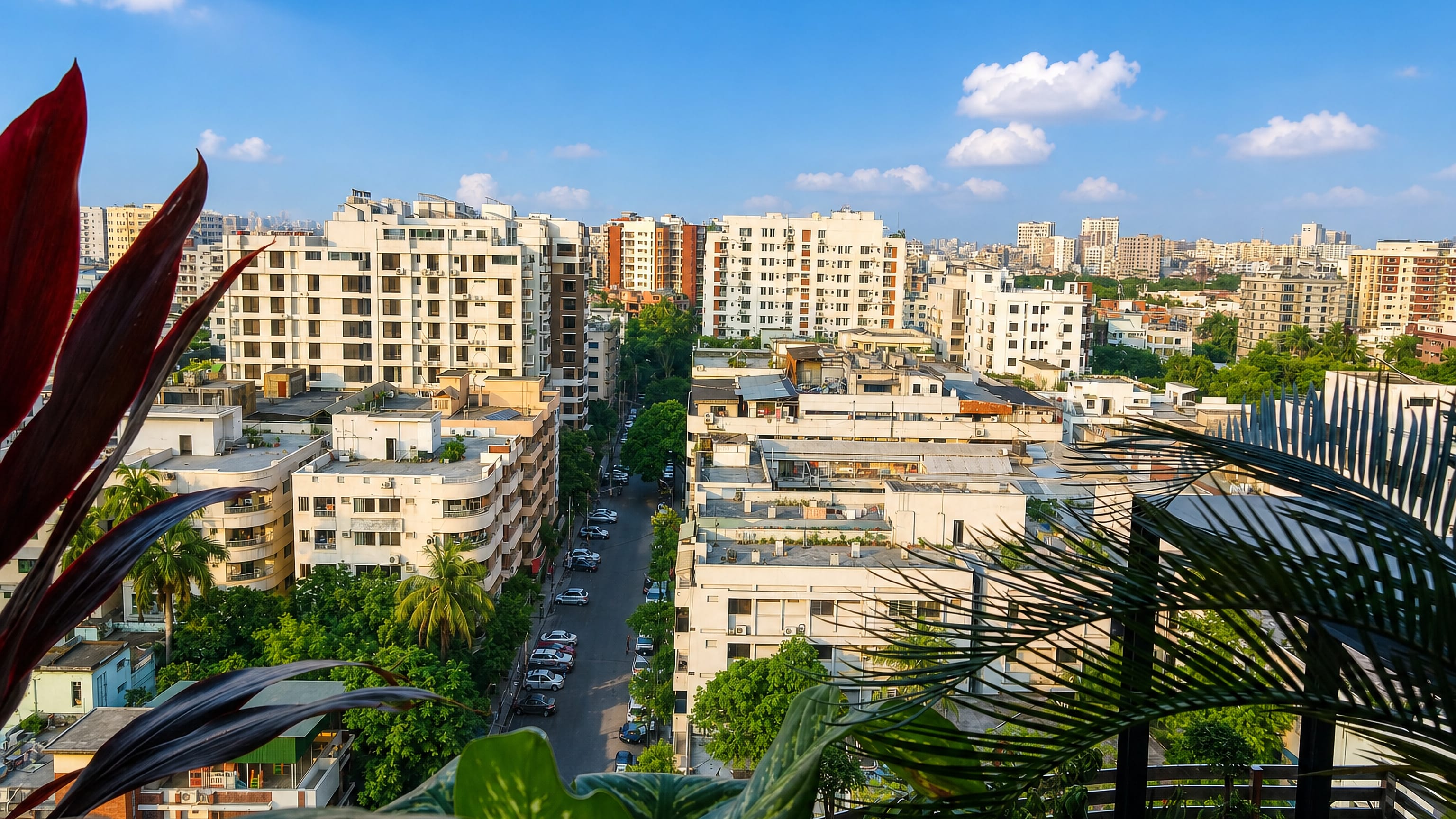Rooftop view over apartment blocks and a leafy side street in Dhanmondi, Dhaka