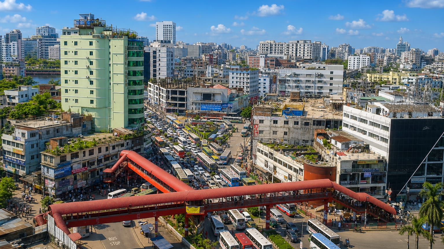 Busy Farmgate intersection in Dhaka with its red pedestrian overpass, dense traffic and city buses