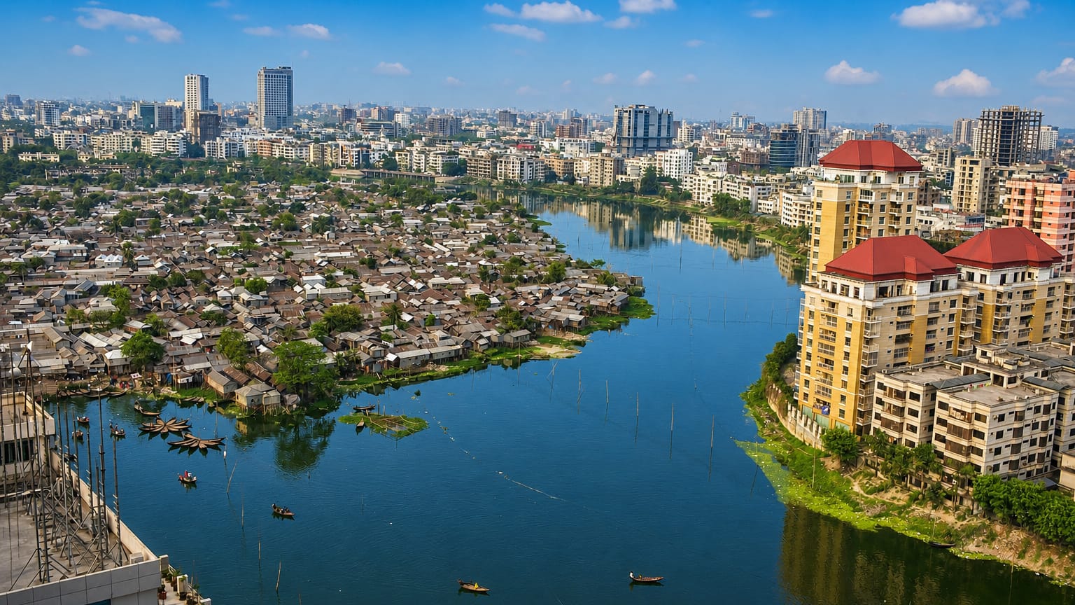 Aerial view of Dhaka with a lake dividing dense informal riverside settlements from mid-rise city towers under a blue sky.