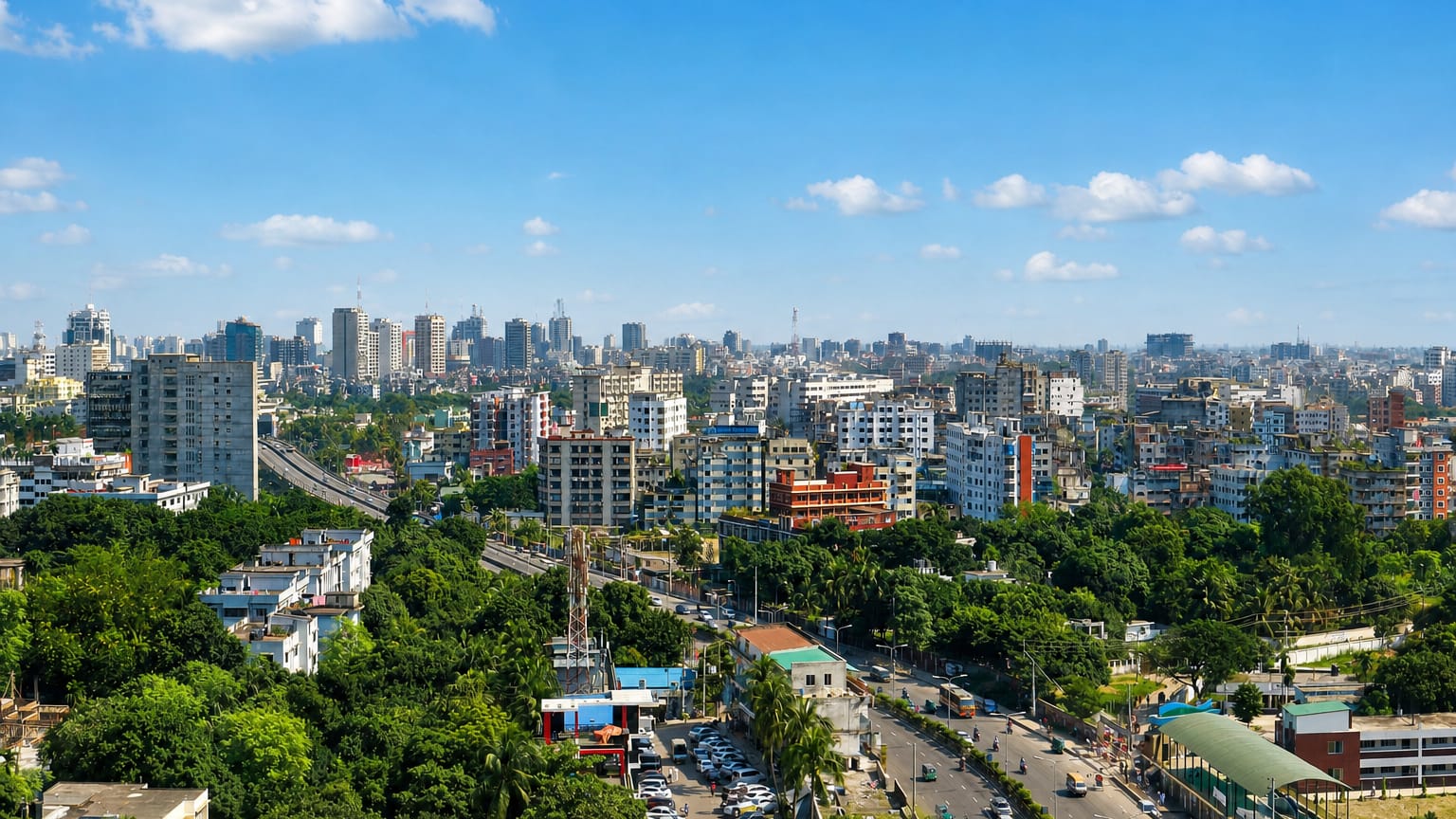 Leafy aerial view of the Mohakhali DOHS residential area of Dhaka with mid-rise buildings and a wide avenue