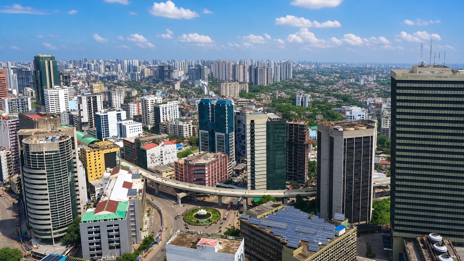 Aerial view of high-rise office towers and a flyover in Motijheel, the central business district of Dhaka, Bangladesh