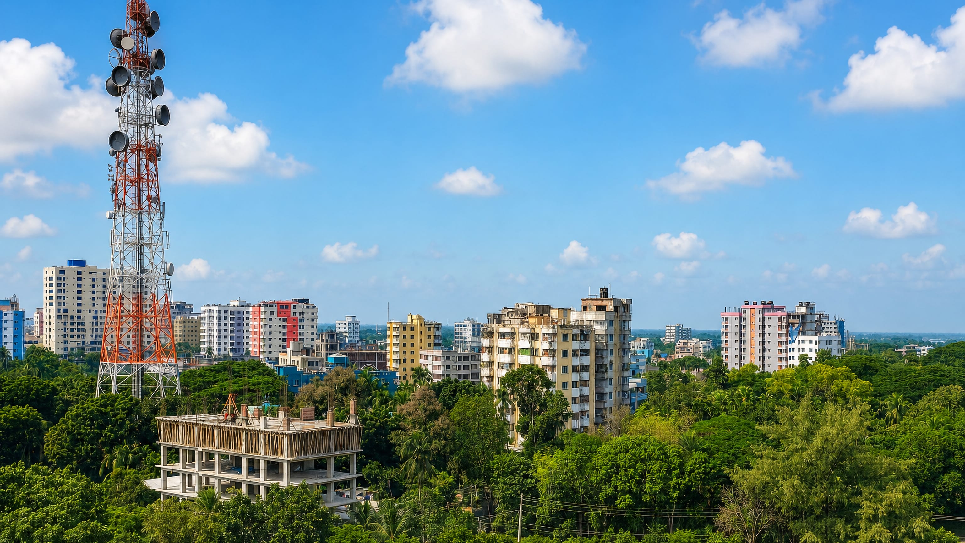 Farīdpur, Bangladesh seen over dense treetops, with apartment blocks, a telecom mast and a building under construction.