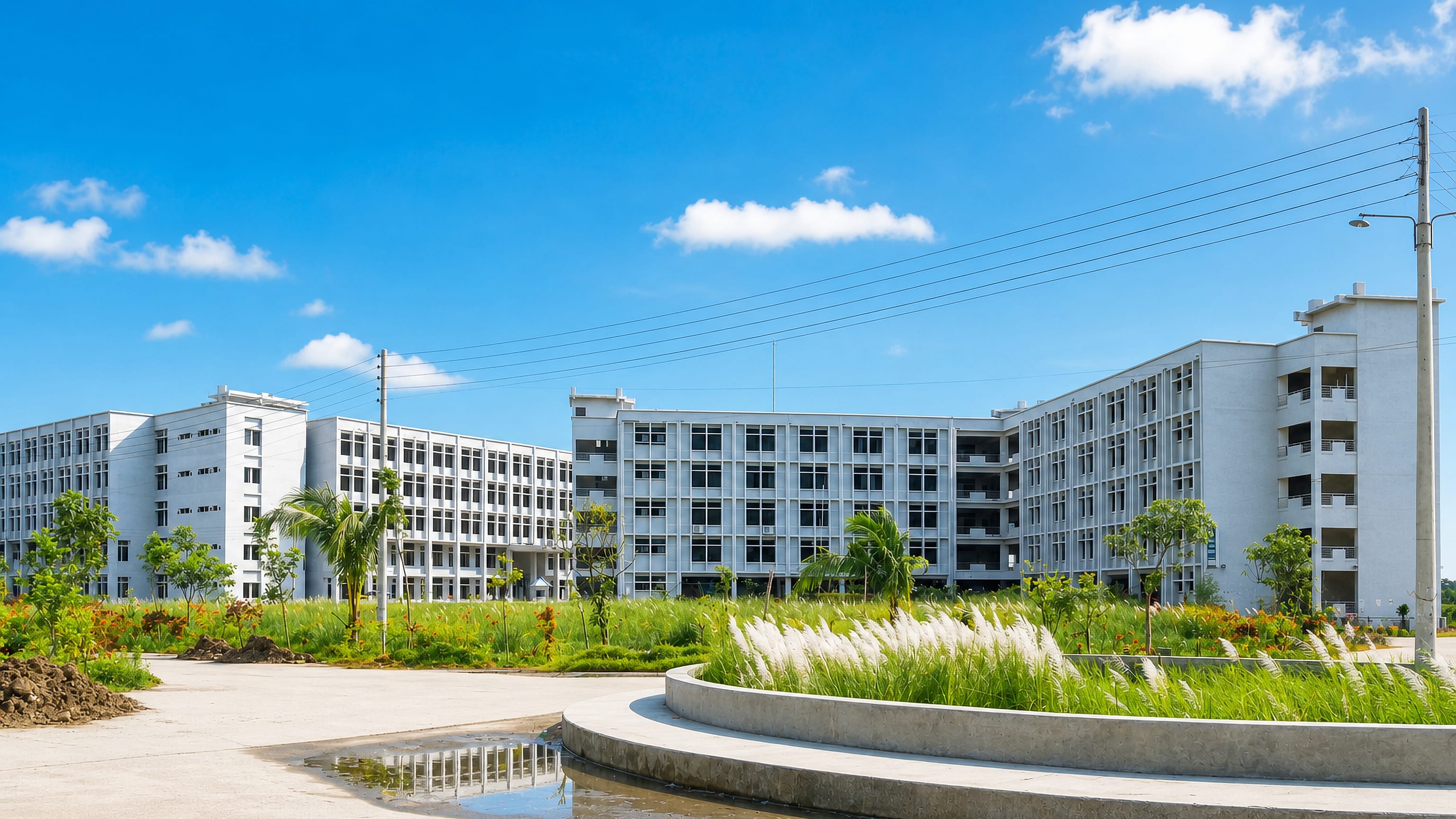 White multi-storey campus blocks and kans grass beds on the edge of Gopalganj, Bangladesh.