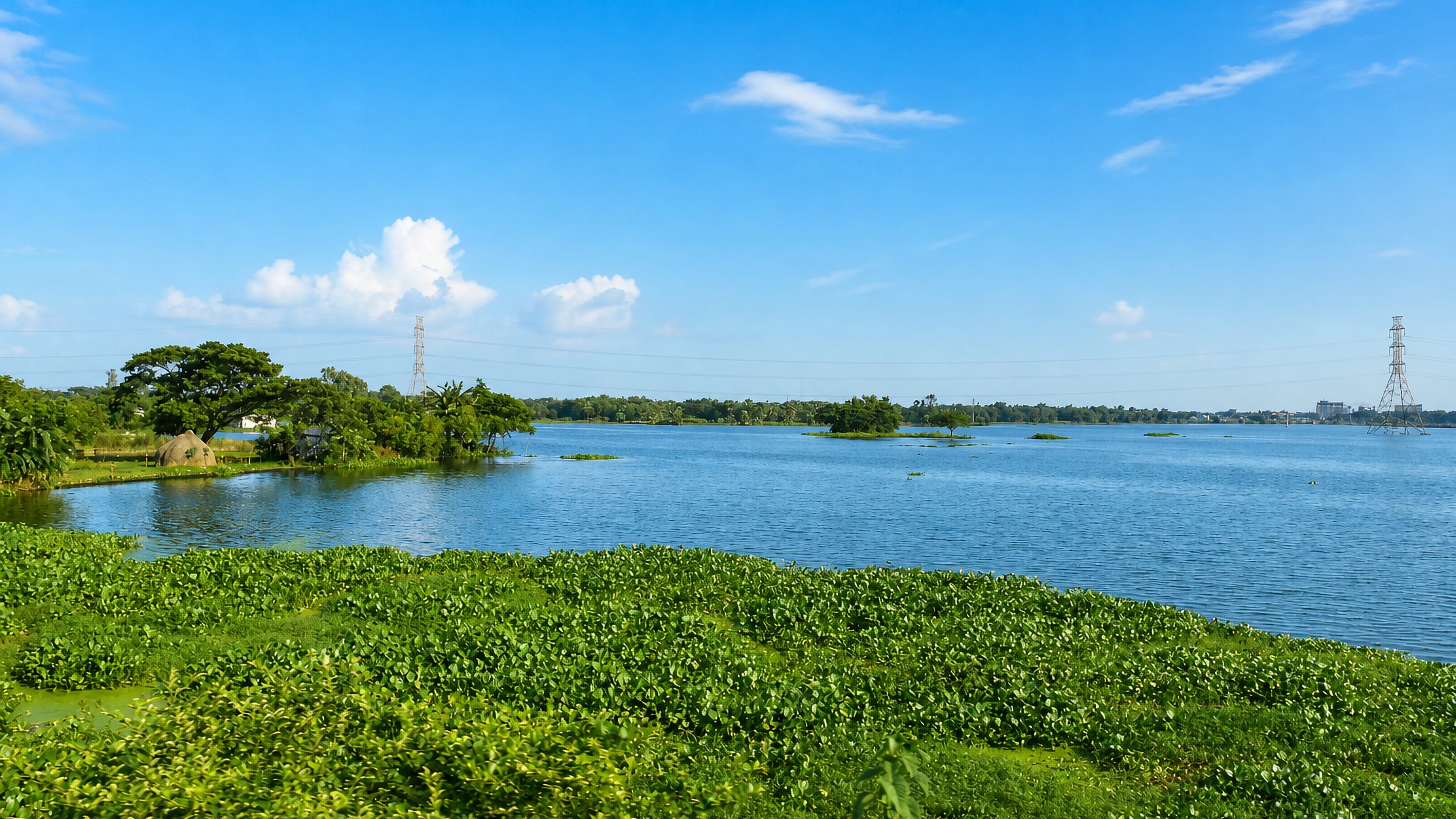 Water hyacinth and palm-fringed banks along a wide river near Narsingdi, Bangladesh