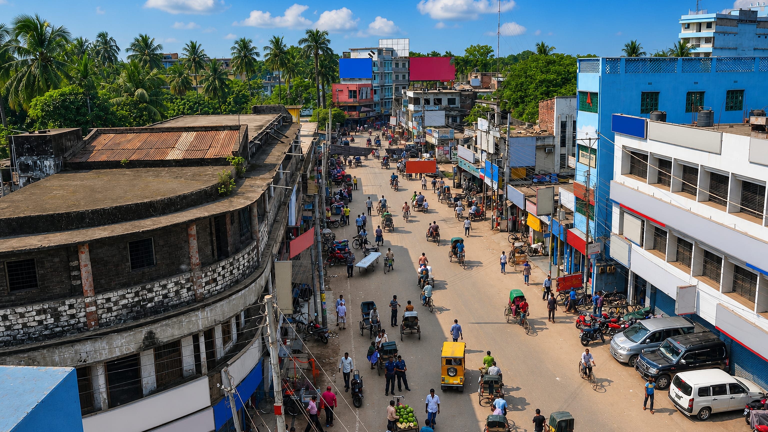 Cycle rickshaws and shopfronts filling a busy main street in Jessore, Bangladesh