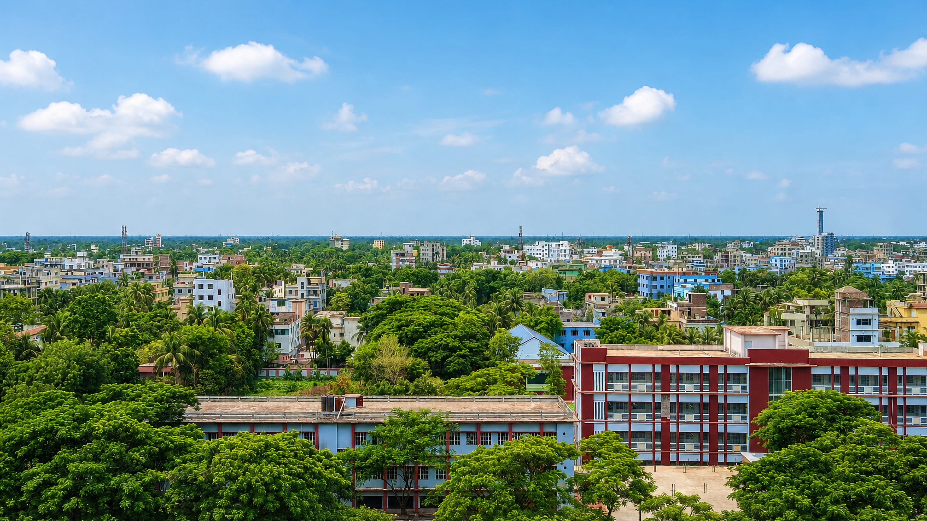 Leafy low-rise townscape of Kushtia, Bangladesh, with a red-and-white institutional block among trees.