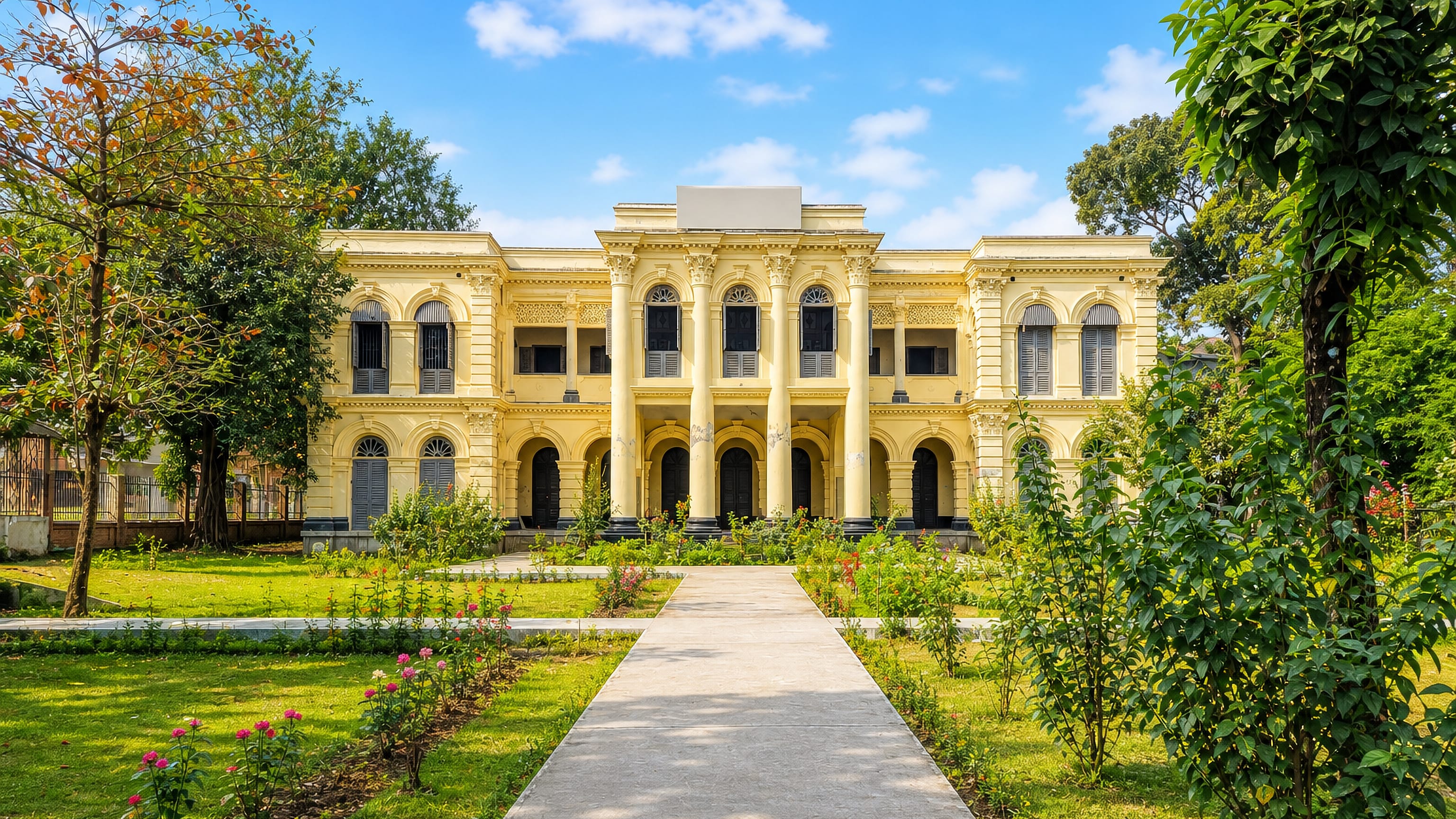 Yellow colonial-era mansion behind a garden path and rose beds in Pabna, Bangladesh