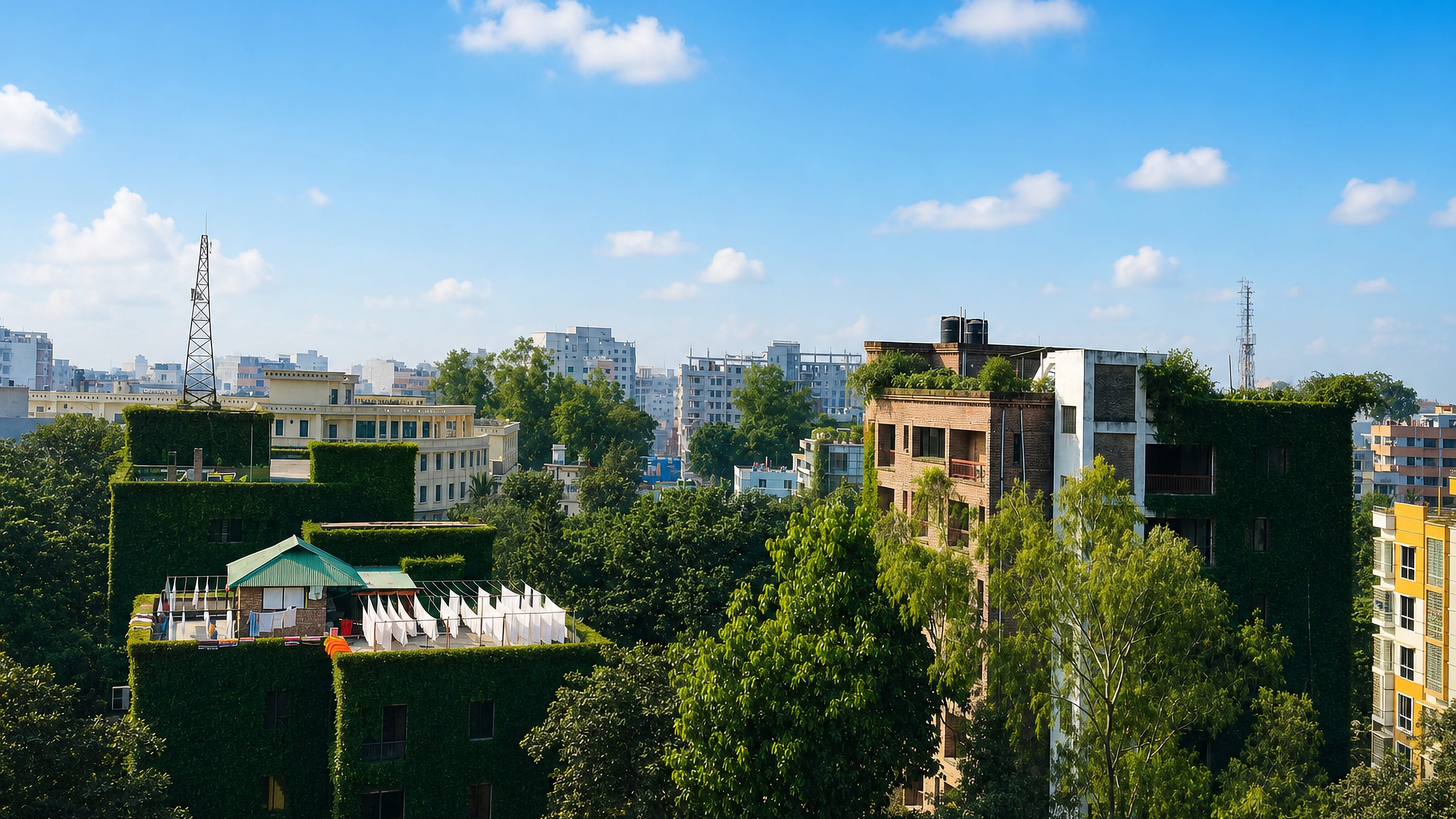 Rooftops and ivy-clad blocks of Rangpur, Bangladesh, with leafy streets and apartment towers on the skyline.
