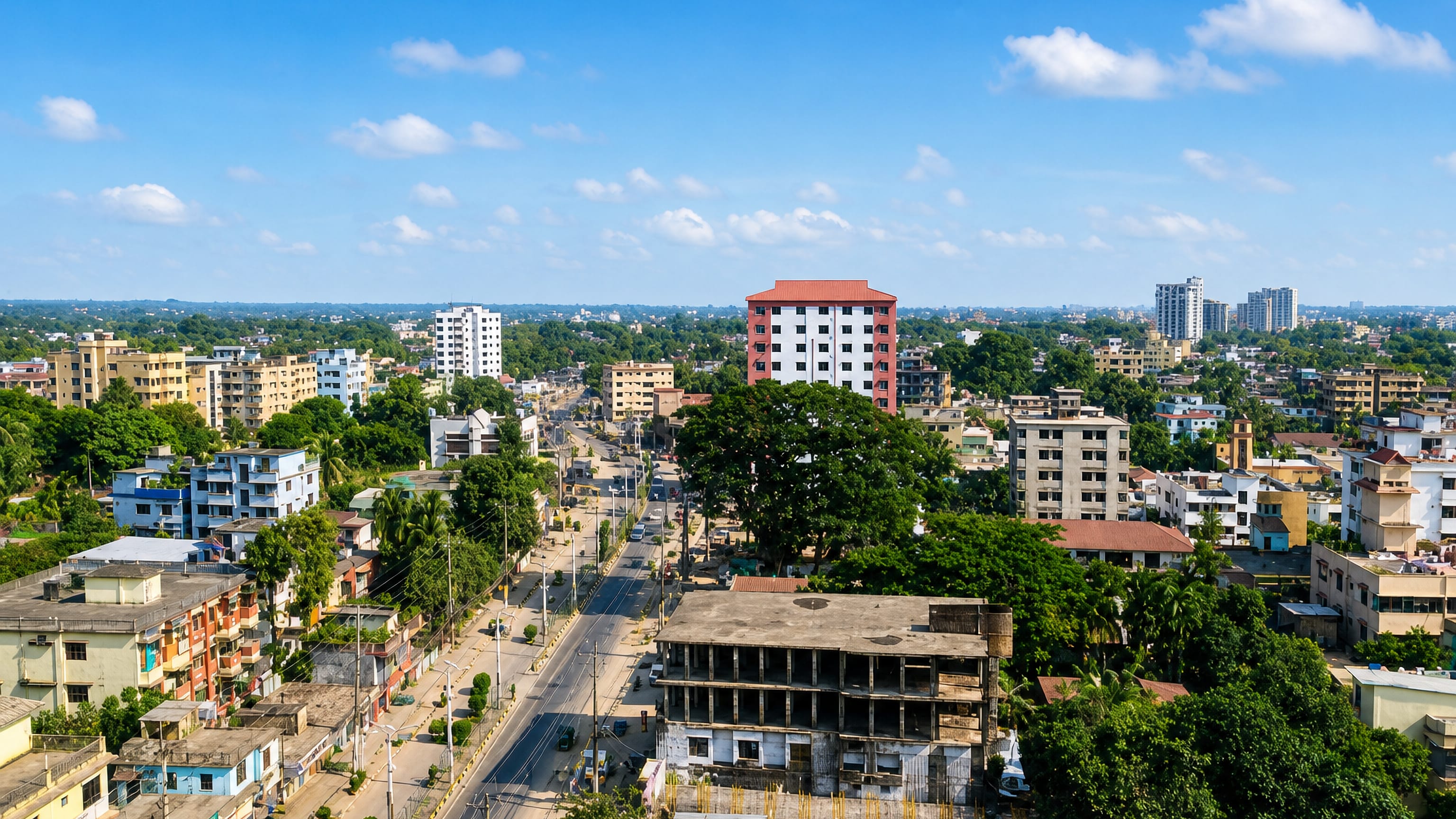 Aerial view over green, low-rise Sylhet with a divided boulevard, apartment blocks and palm-shaded rooftops.