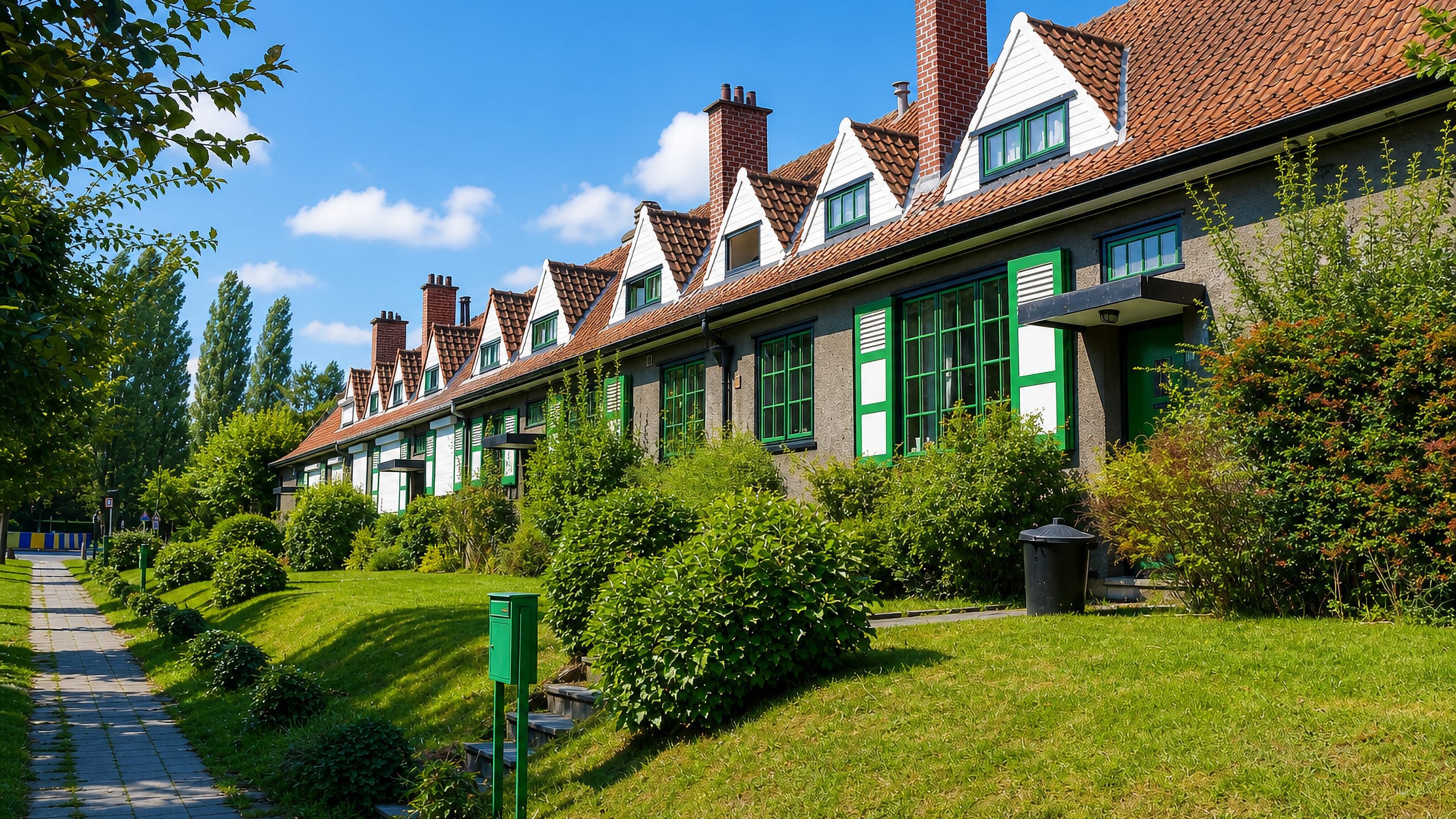 Green-framed garden-city terraces with red-tiled dormers and hedged gardens in Le Logis, Watermael-Boitsfort, Brussels.