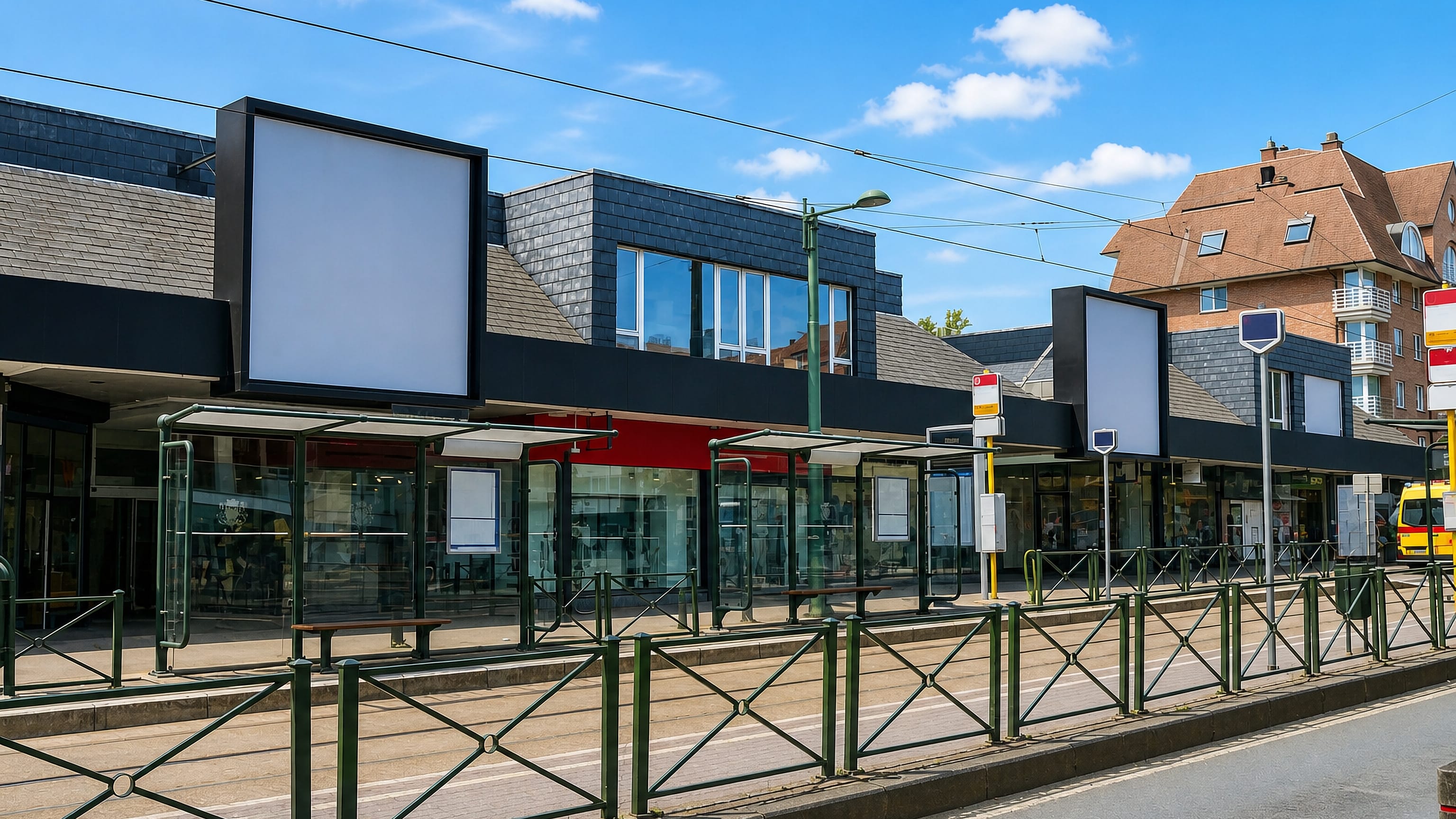Shopfronts, tram tracks and a sheltered tram stop on the main street of Stokkel in eastern Brussels.
