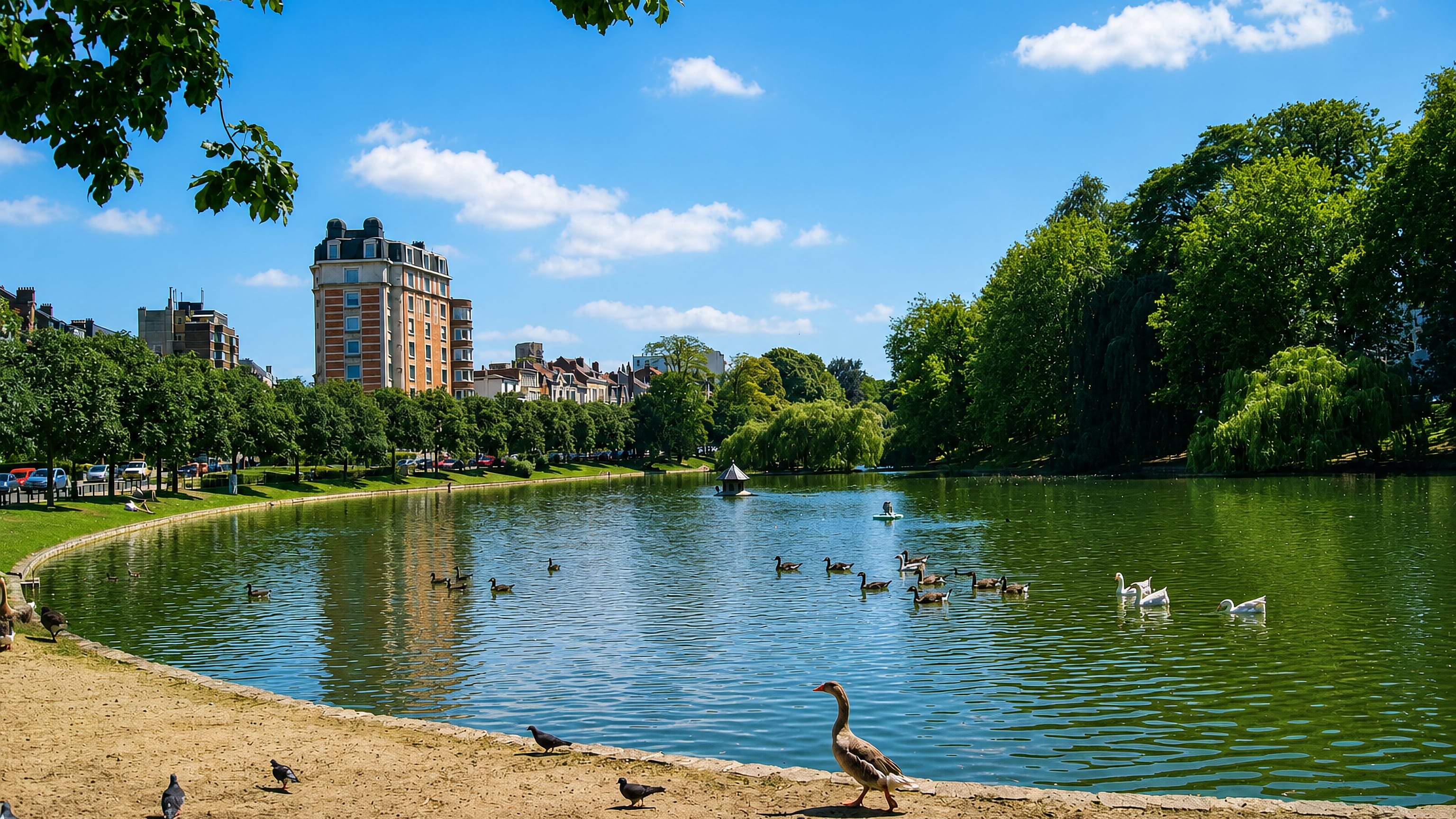 Geese and swans on the Ixelles Ponds in Brussels, willows and brick apartment buildings lining the shore.
