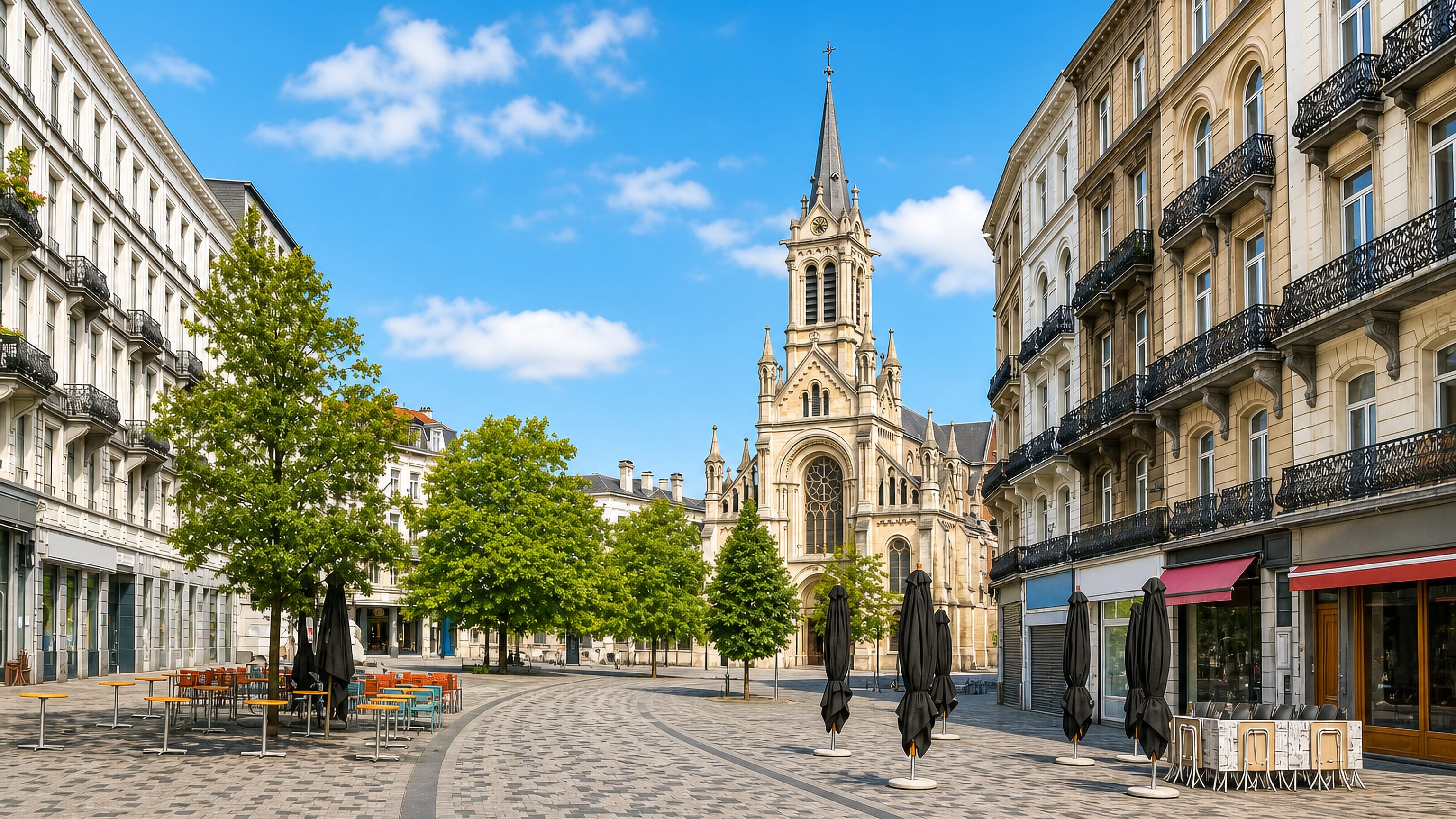 Sunlit cobbled square in Saint-Gilles, Brussels, lined with balconied townhouses and cafe terraces below a church spire.