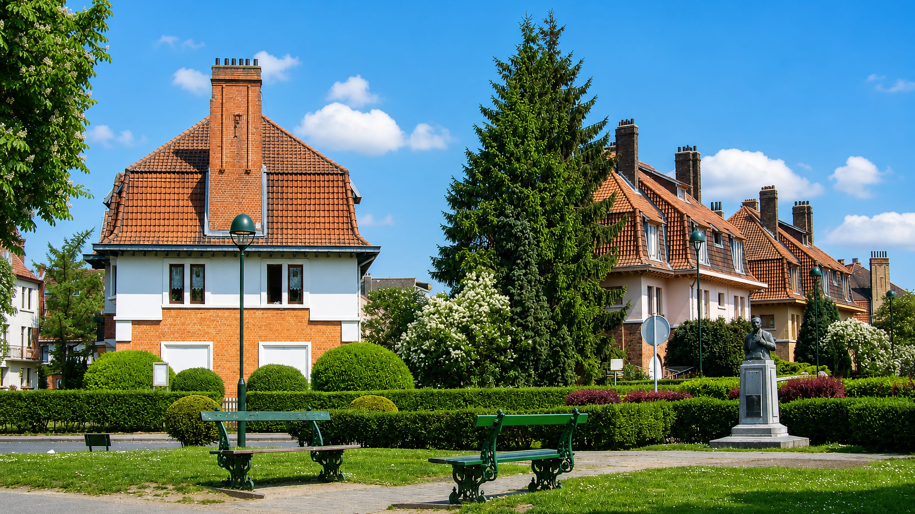 Leafy square in Schaerbeek, Brussels, with brick garden-city villas, clipped hedges, green benches and a bronze bust.