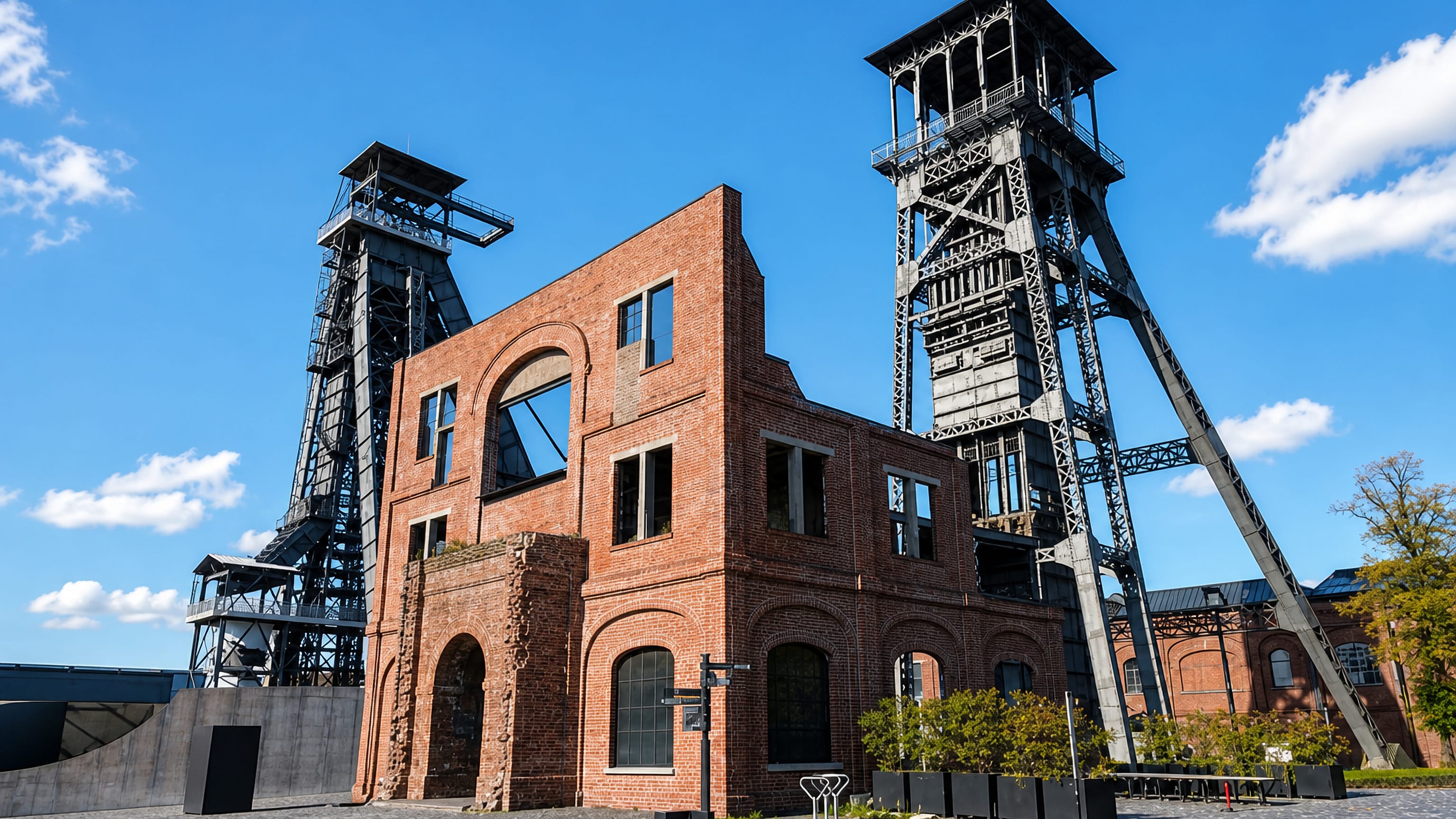 Brick ruin and steel winding towers of the former Winterslag colliery at C-mine in Genk, Belgium.