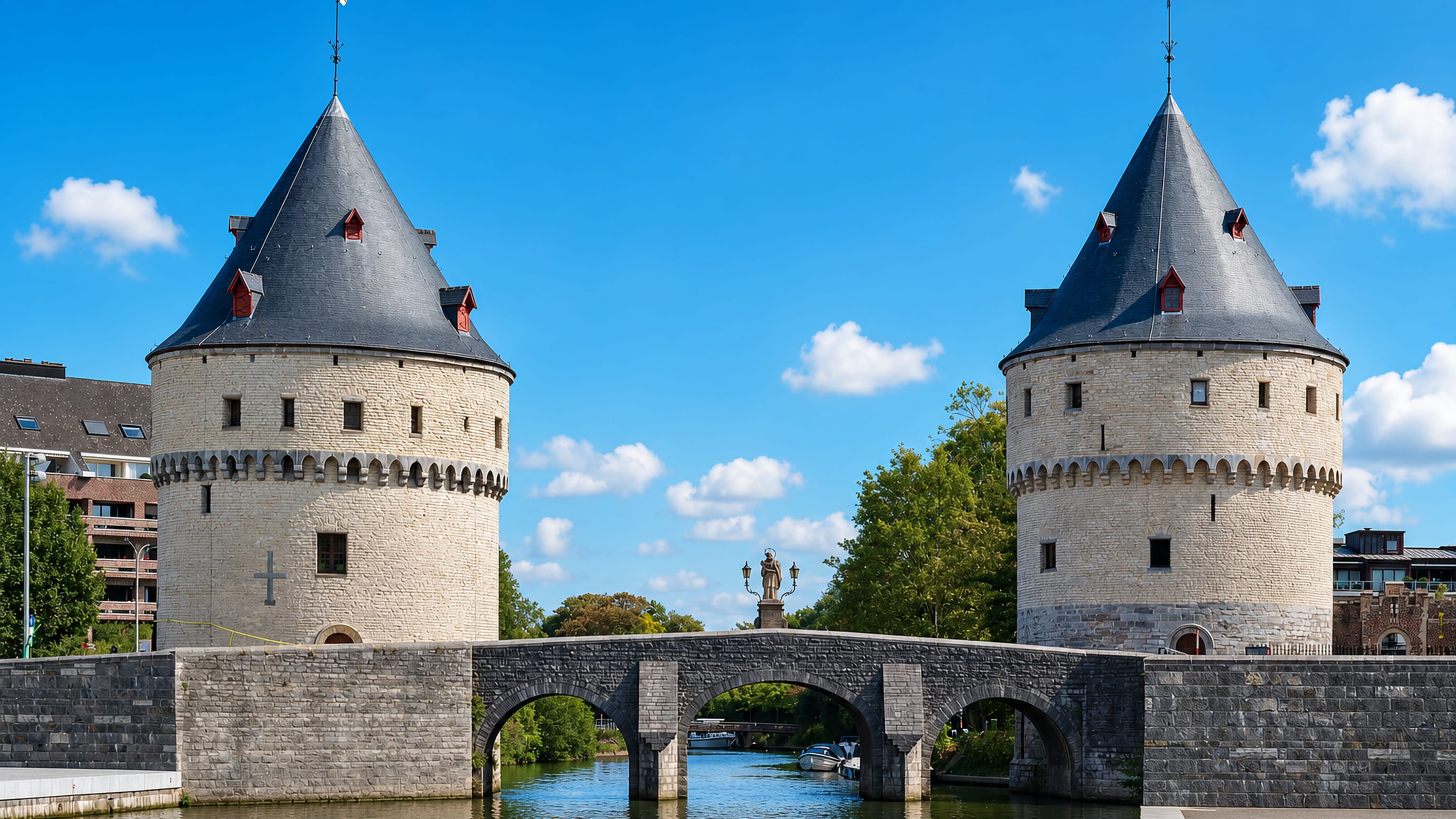 The twin Broel Towers flanking the arched Broel bridge over the River Leie in Kortrijk, Belgium