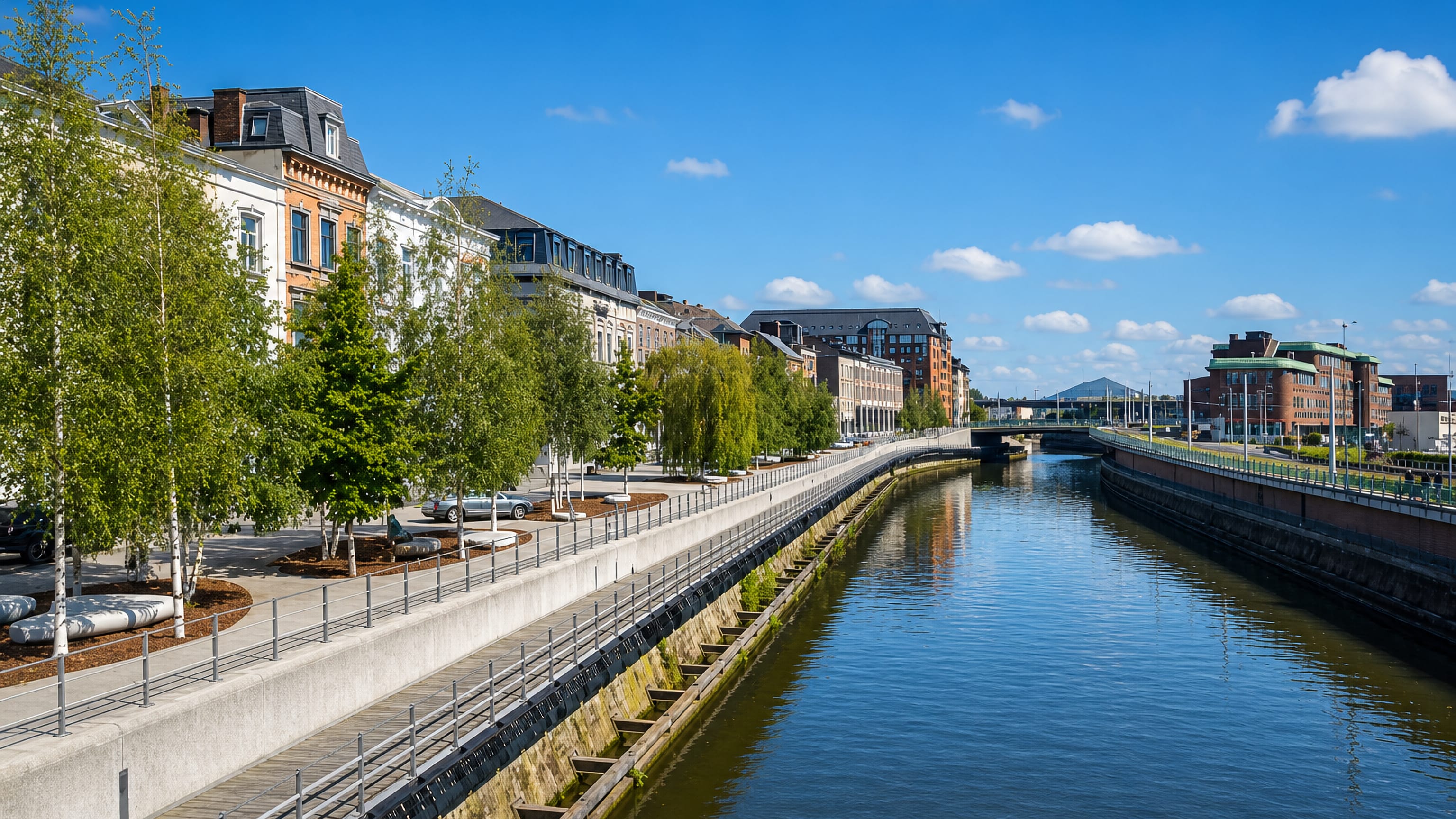 Redeveloped quays and apartment blocks lining the Sambre river through central Charleroi, Belgium