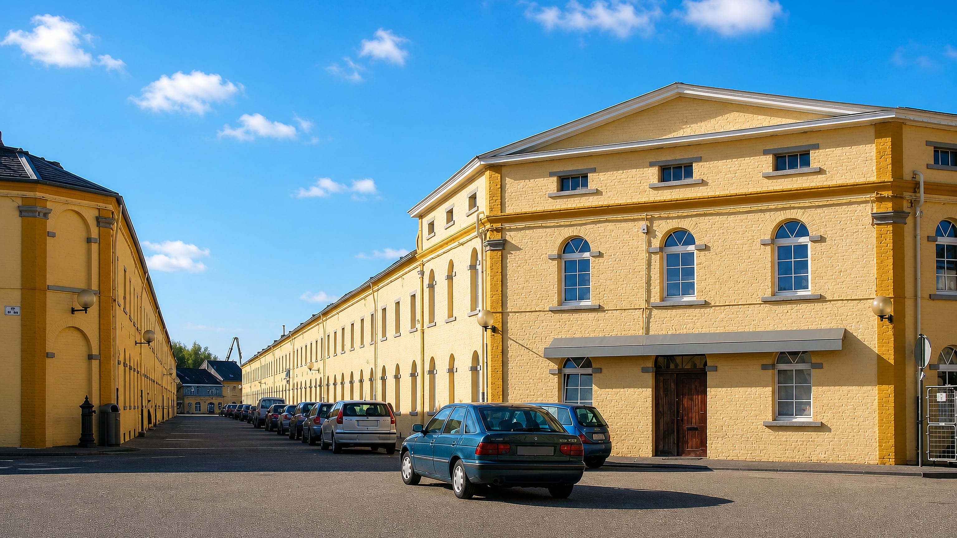 Yellow-brick industrial-era buildings around an open forecourt in La Louvière, Belgium.