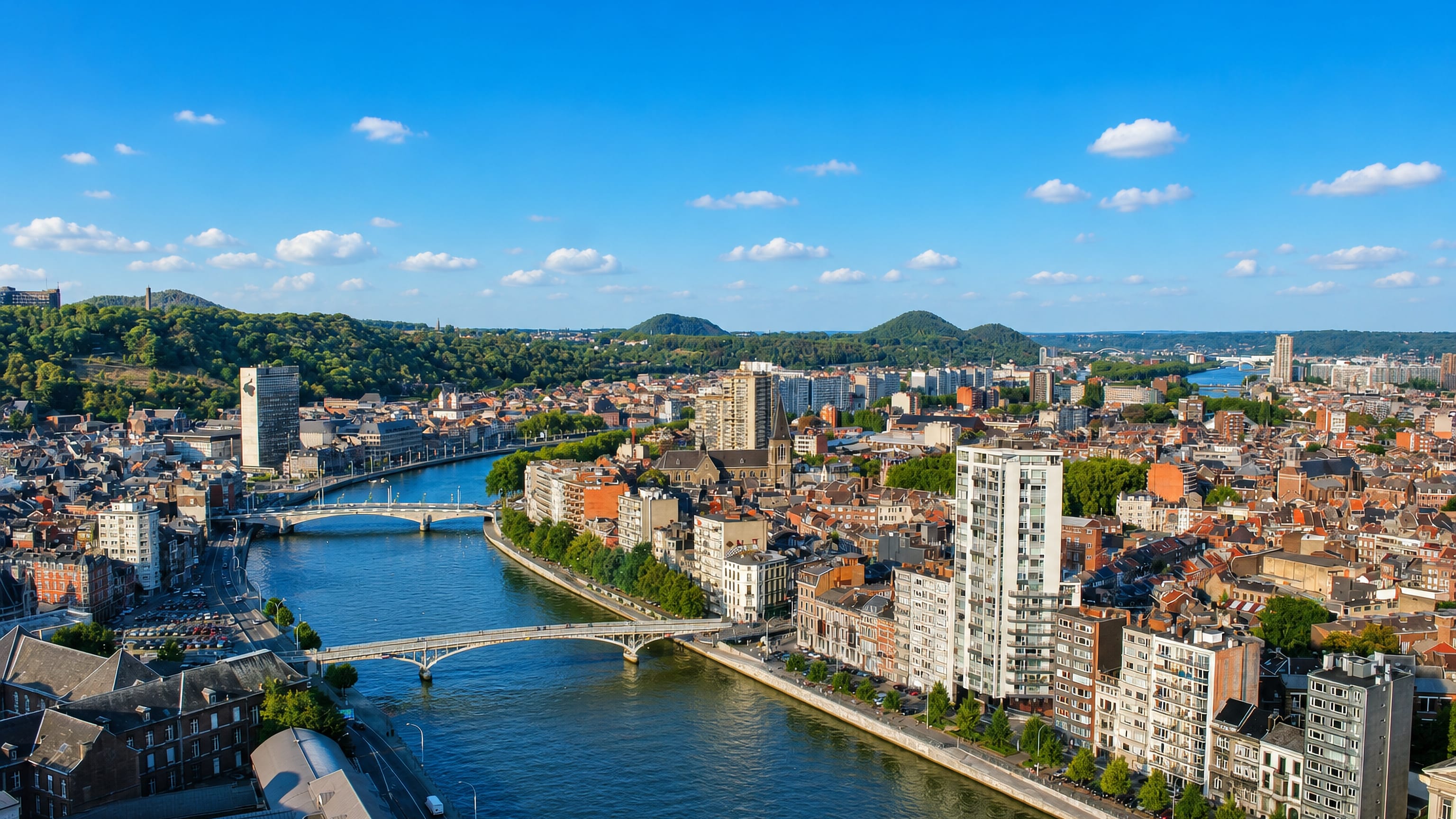 Aerial view of Liège with the Meuse curving between bridges, riverside quays and wooded hills.