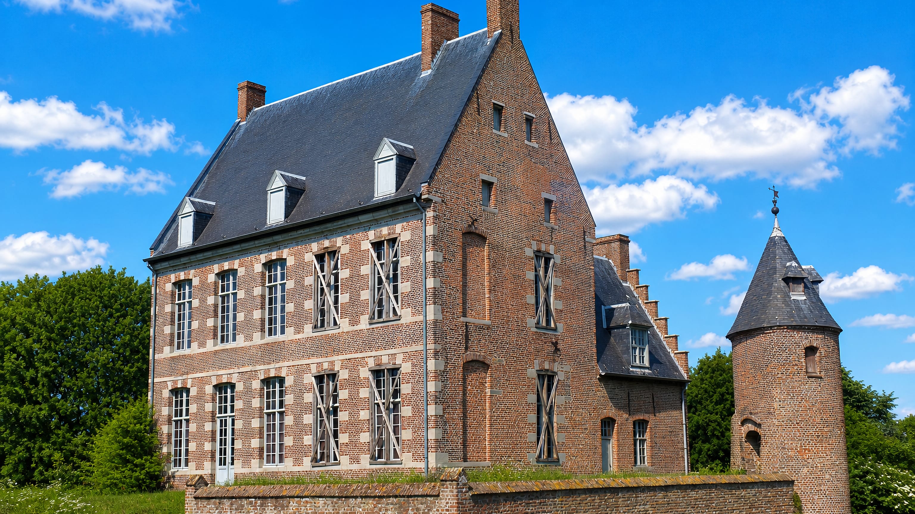 Moated red-brick castle with a round corner tower and steep slate roofs in Mouscron, Wallonia, Belgium.