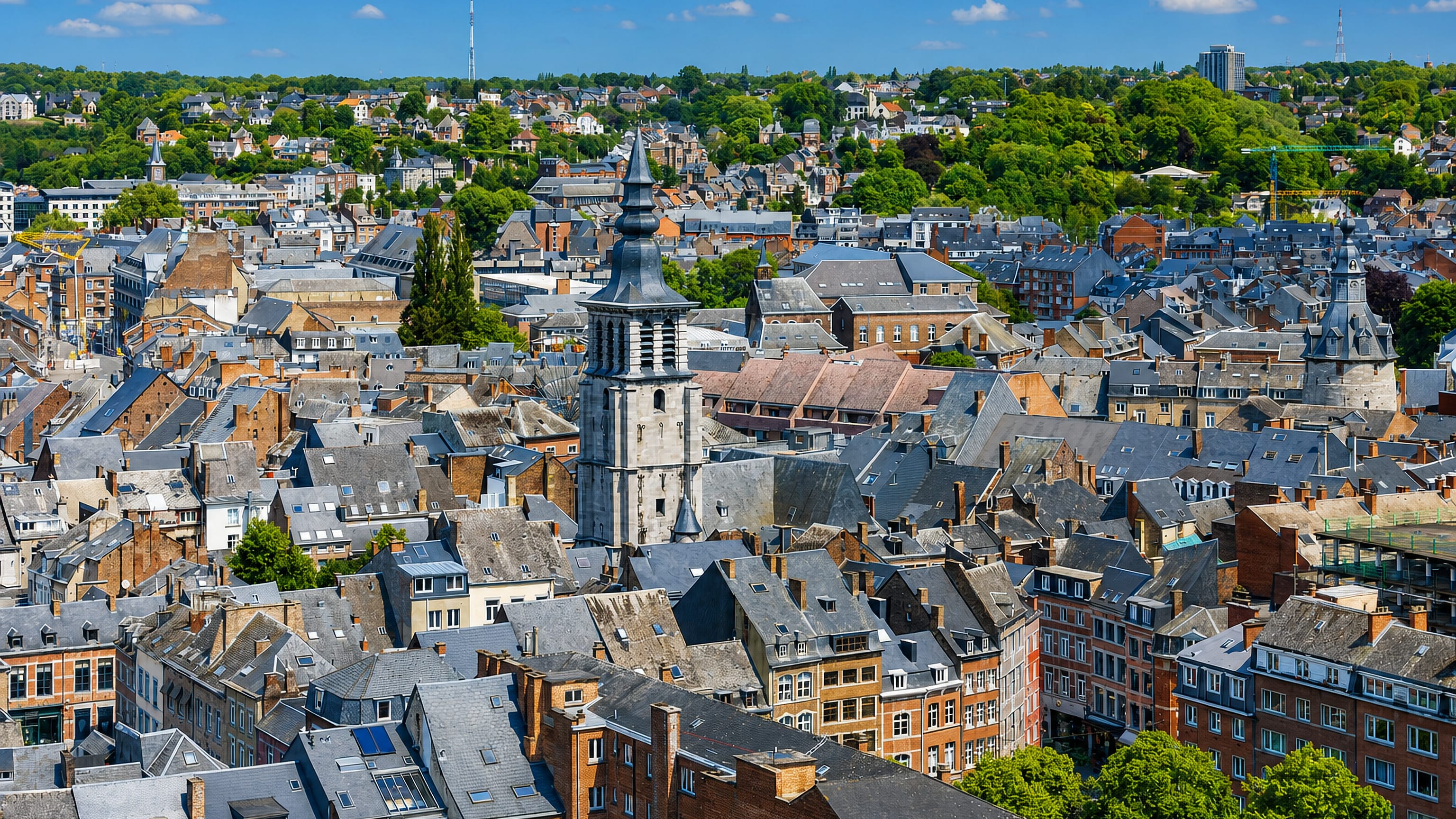 Namur's slate rooftops from above, with the baroque belfry tower rising over the Walloon old town.