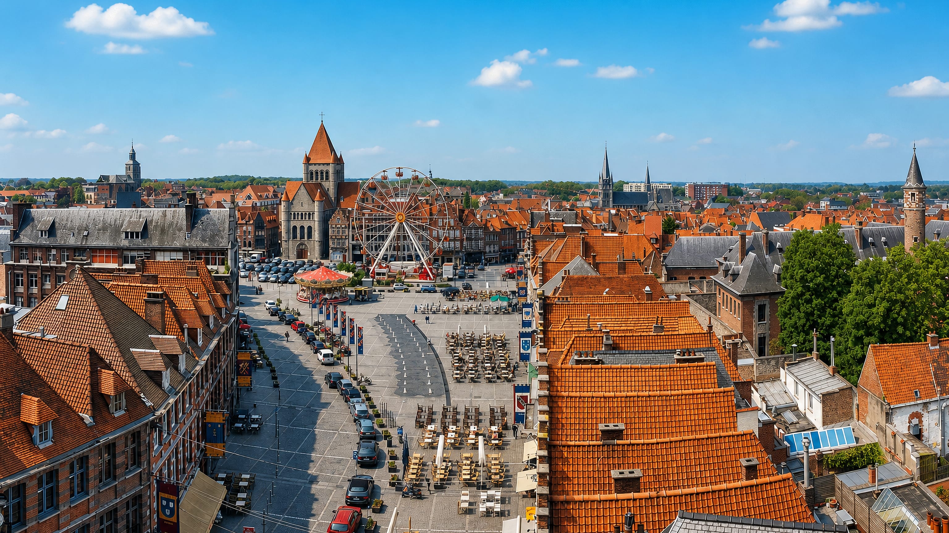 Tournai's Grand-Place seen from above, with the Saint-Quentin church tower, a Ferris wheel and cathedral spires.