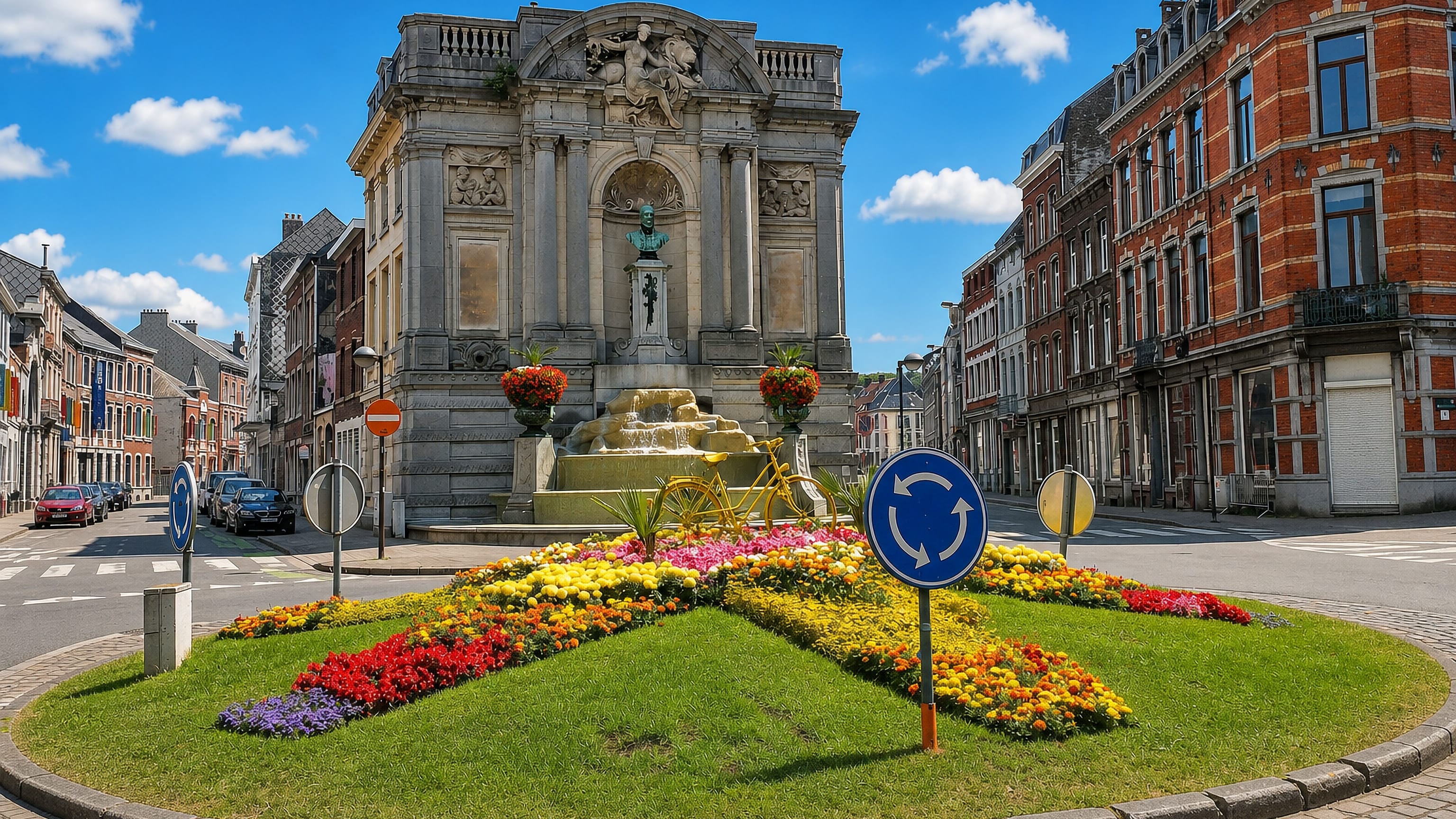 A monumental stone fountain and flowered roundabout among brick townhouses in Verviers, Belgium.