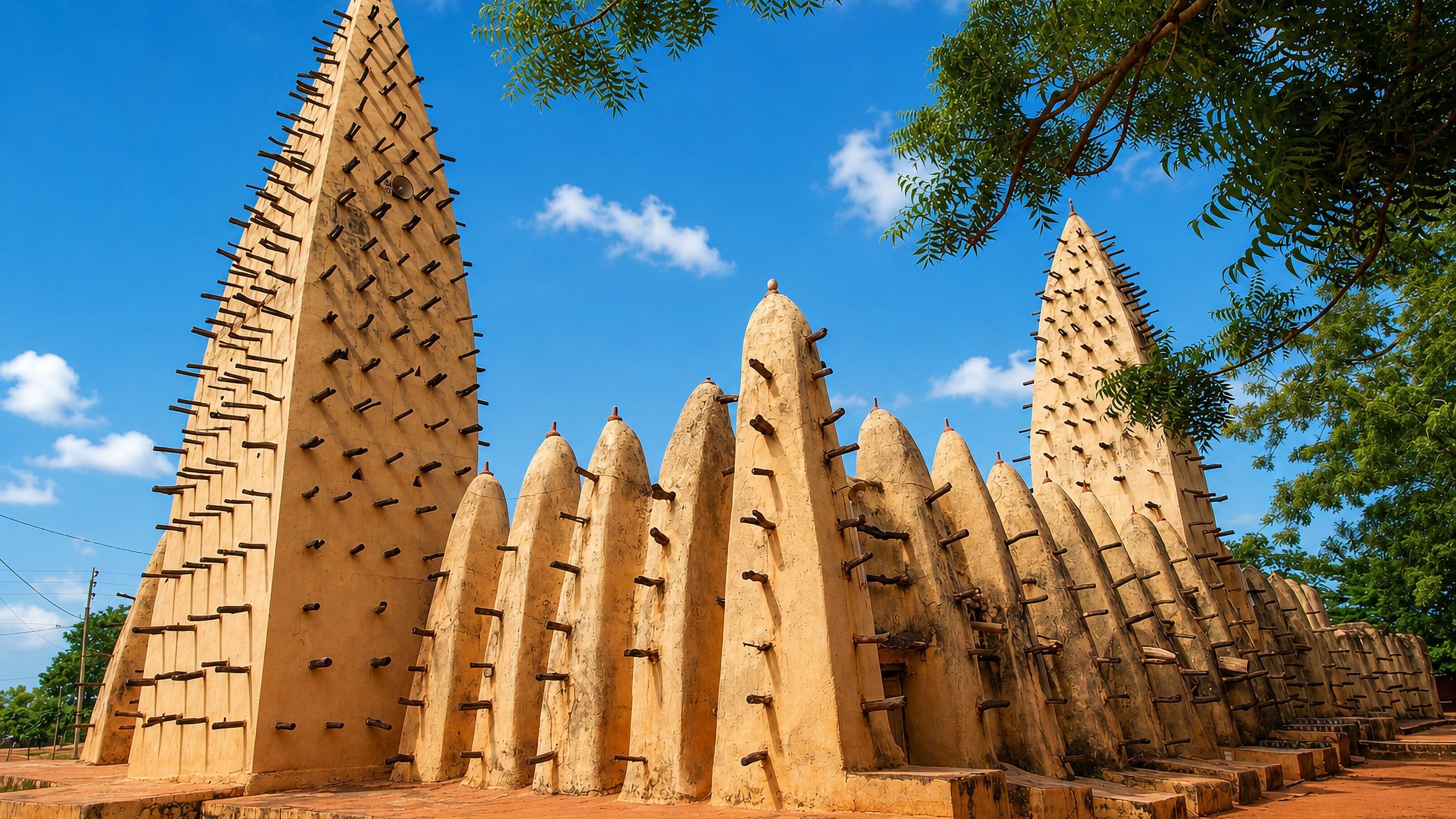 The mud-brick Grand Mosque of Bobo-Dioulasso, its conical buttresses studded with wooden beams.