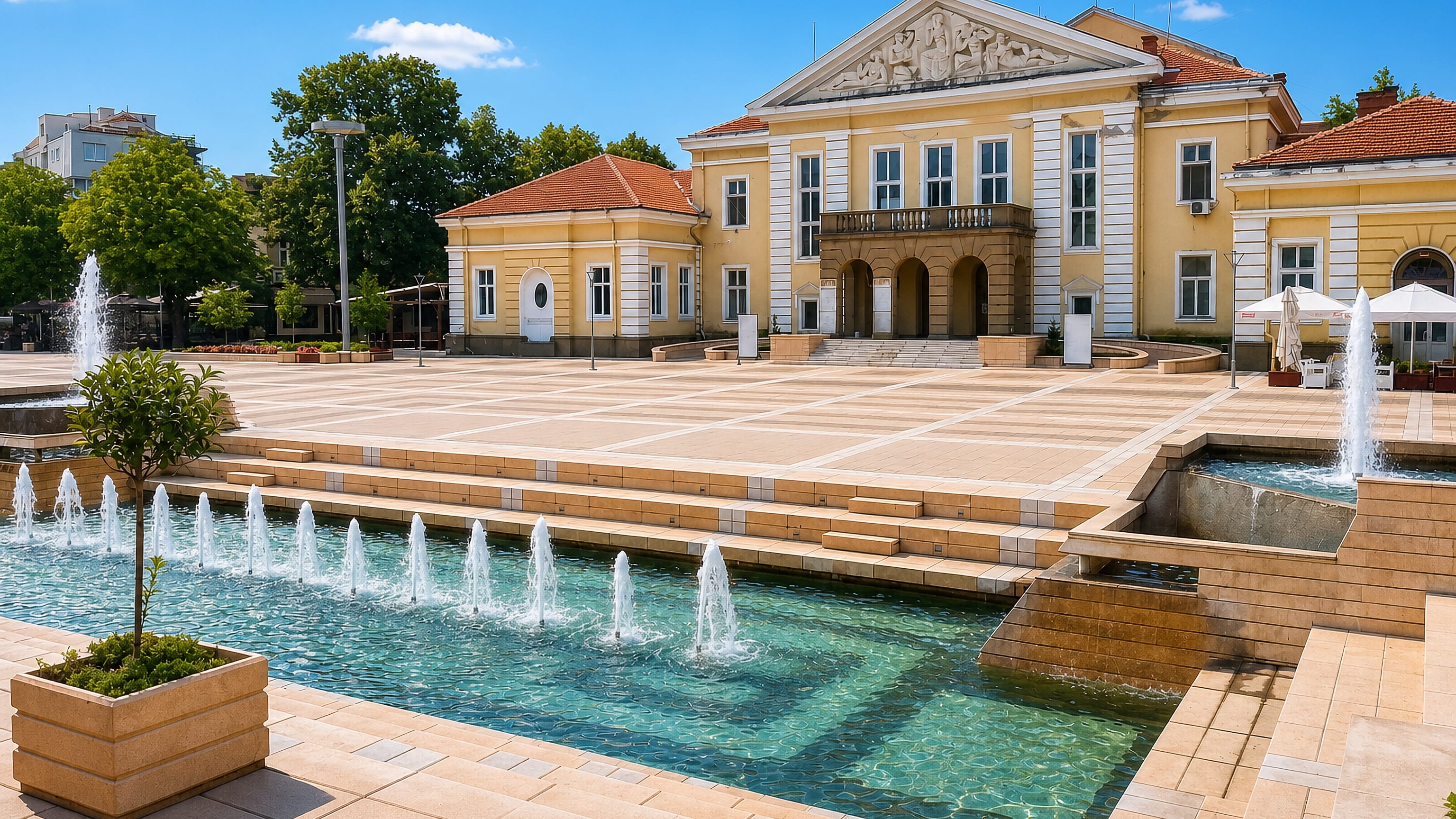 Fountains on the central square of Yambol, Bulgaria, in front of the yellow neoclassical theatre building.